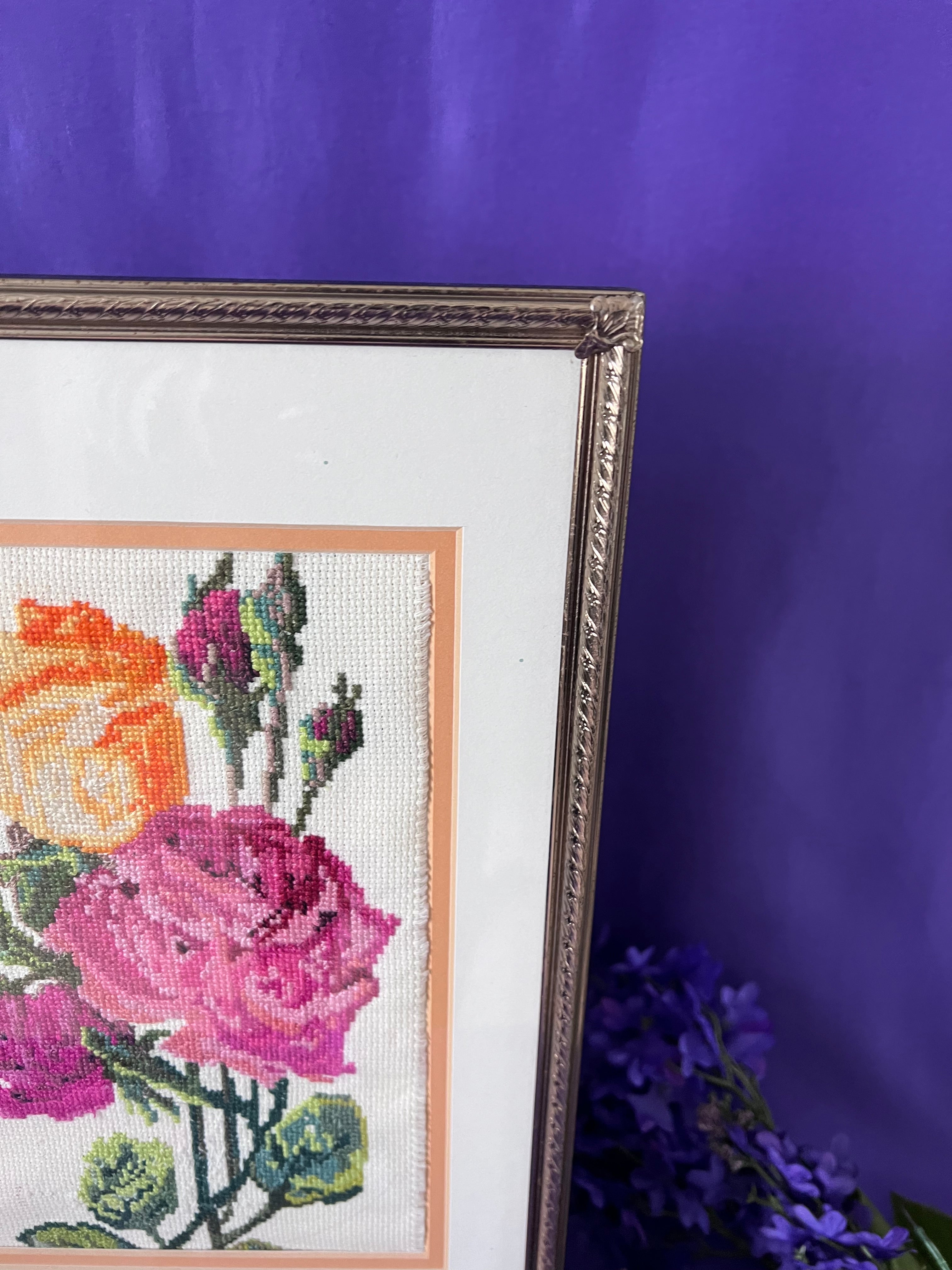 Vintage Framed Rose Cross-Stitch Needlework Art – Romantic Grandmillennial Floral Wall Hanging, Peach & Pink Roses in Gold Ornate Frame