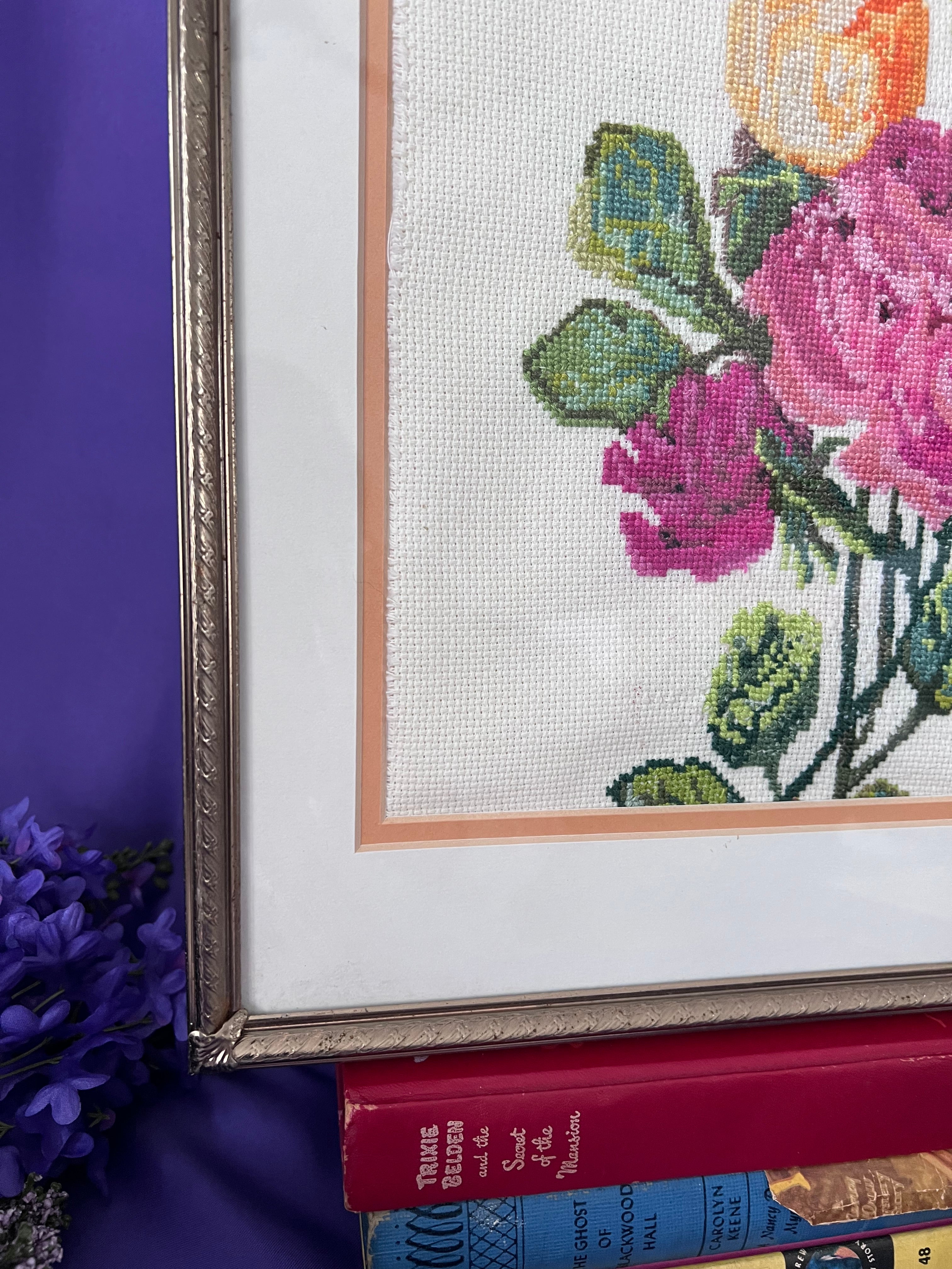 Vintage Framed Rose Cross-Stitch Needlework Art – Romantic Grandmillennial Floral Wall Hanging, Peach & Pink Roses in Gold Ornate Frame