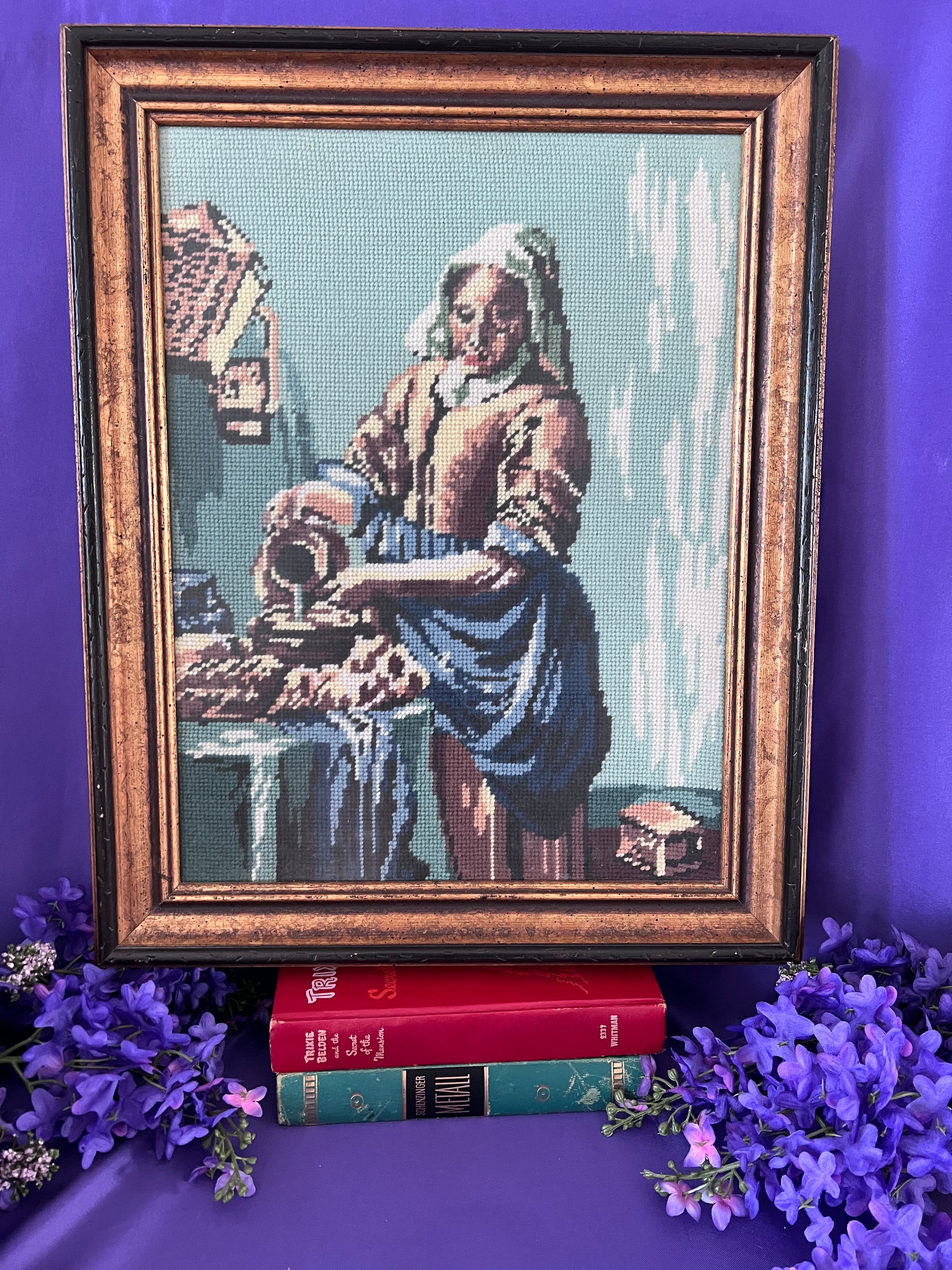 Vintage Needlepoint “The Milkmaid” after Vermeer – Framed Mid-Century Wall Art