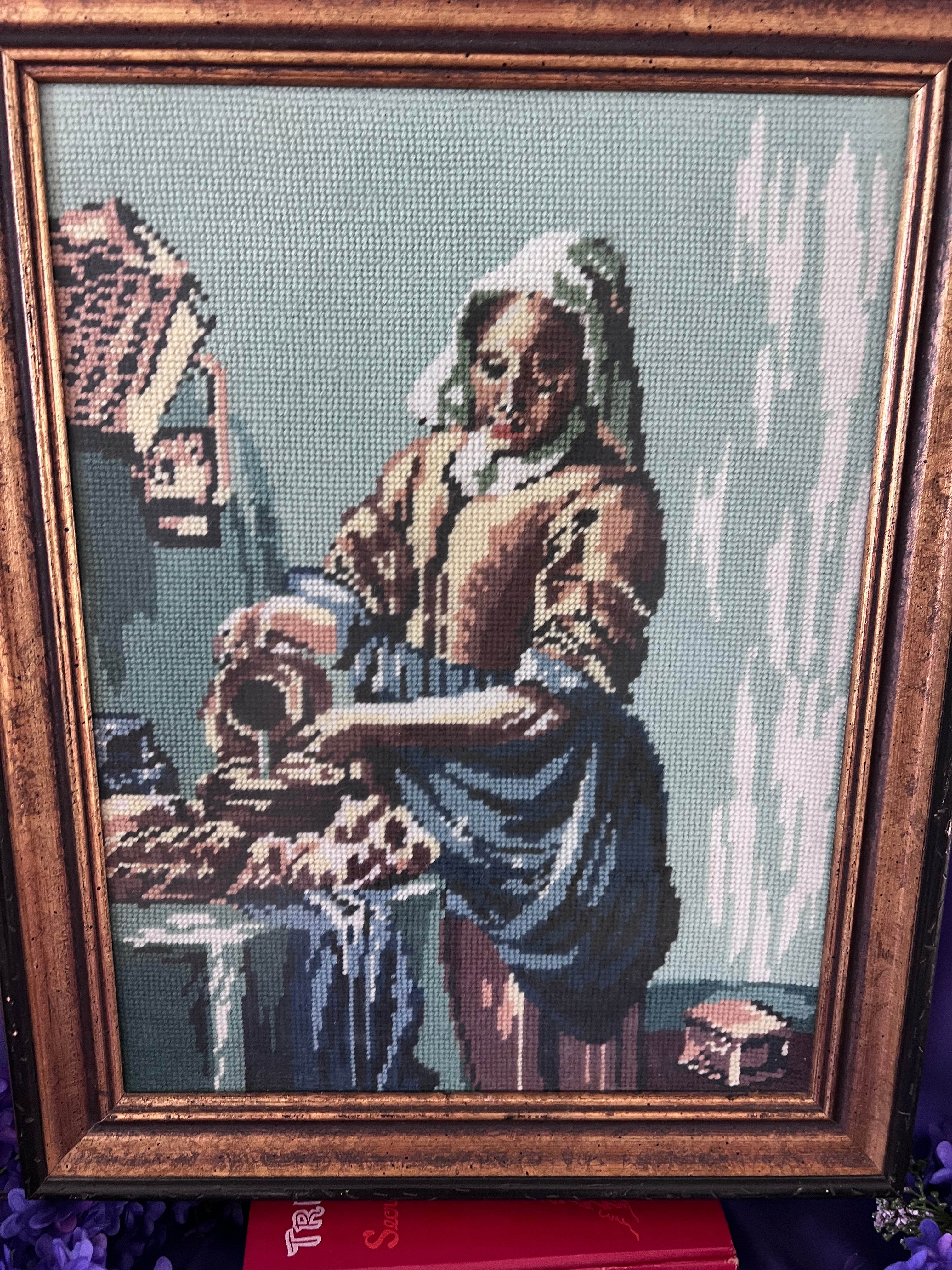 Vintage Needlepoint “The Milkmaid” after Vermeer – Framed Mid-Century Wall Art