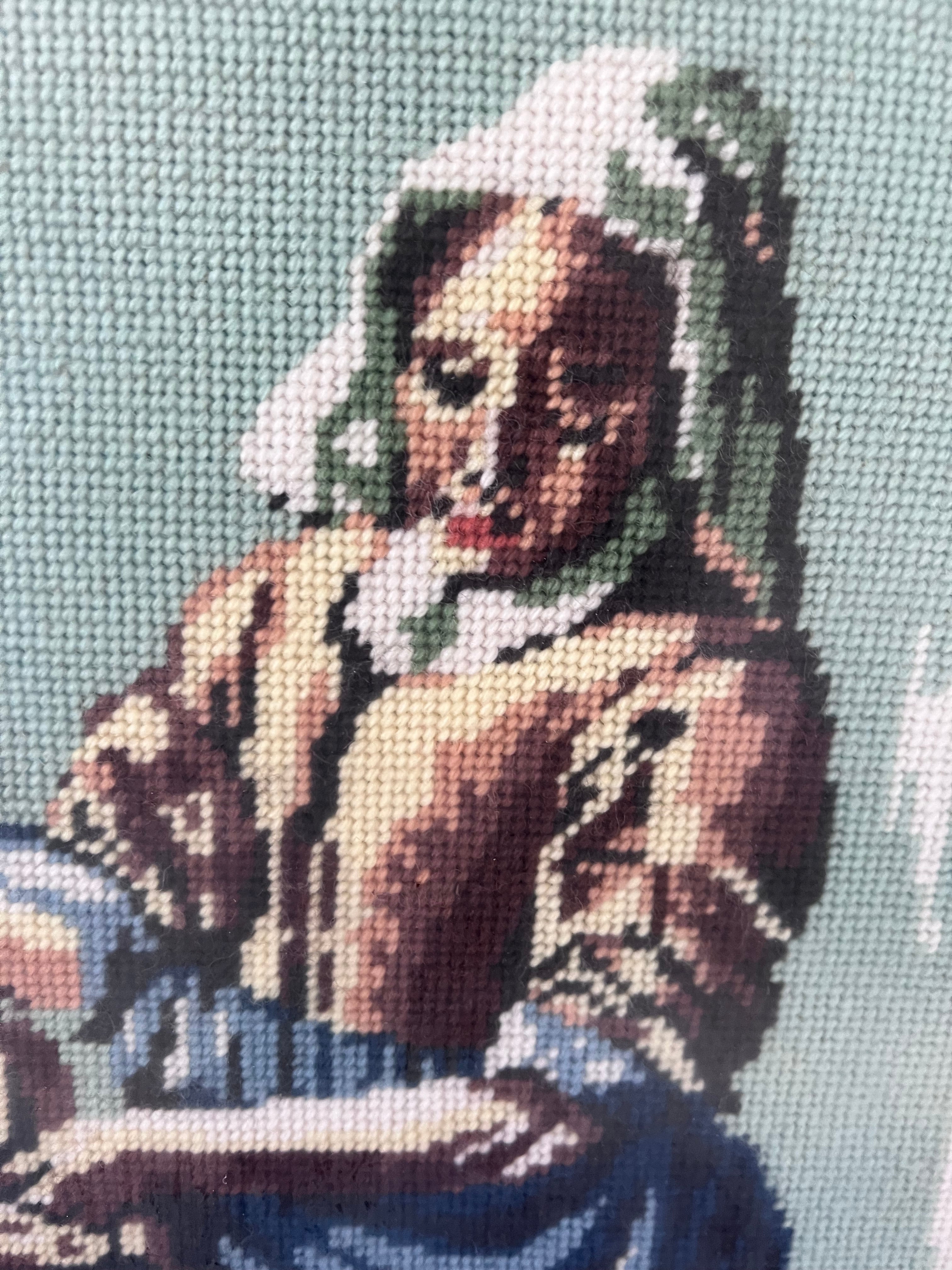 Vintage Needlepoint “The Milkmaid” after Vermeer – Framed Mid-Century Wall Art