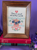Vintage “Believe in Yourself” Framed Cross-Stitch – Floral Bouquet & Heart Motifs