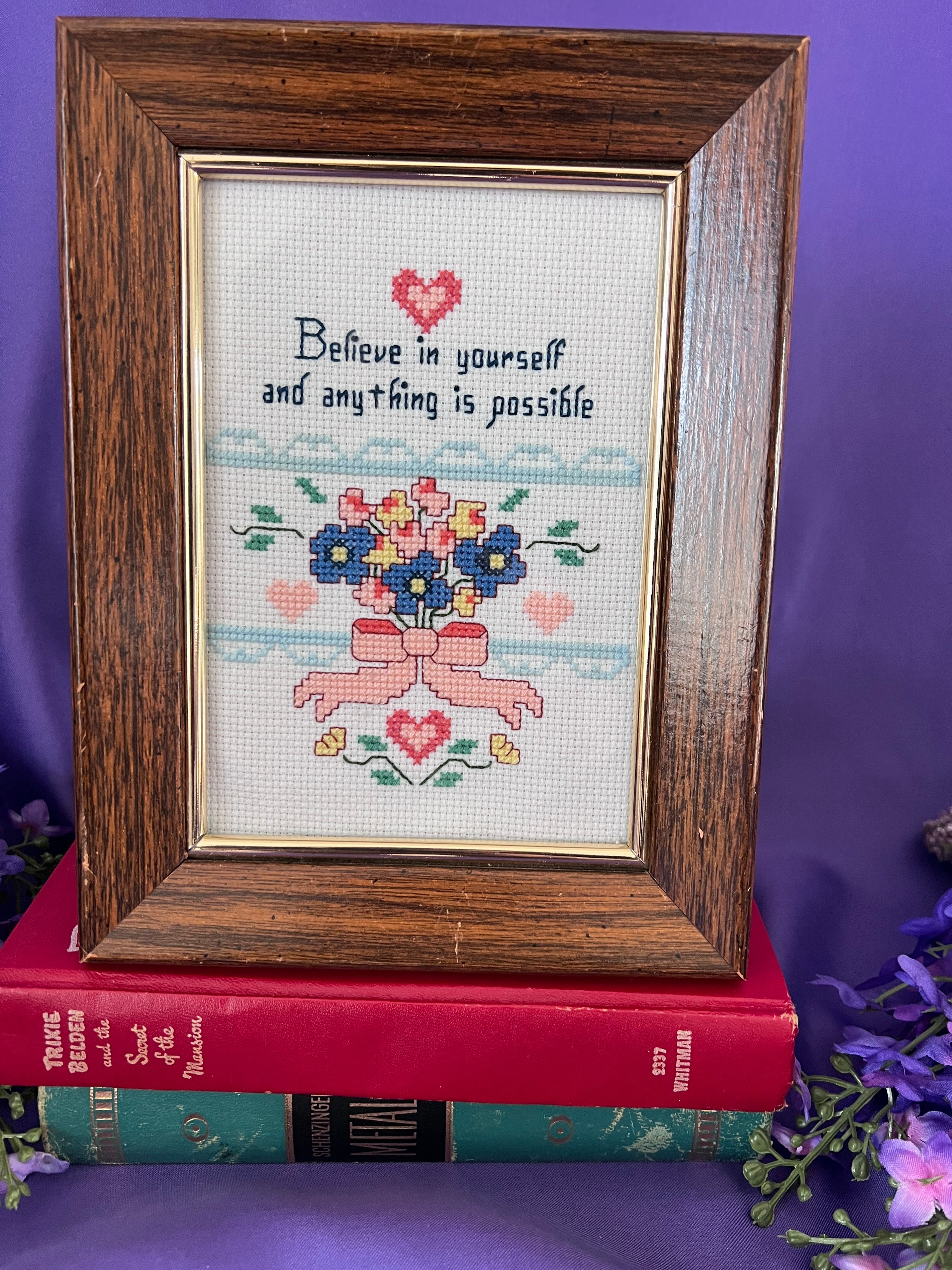 Vintage “Believe in Yourself” Framed Cross-Stitch – Floral Bouquet & Heart Motifs
