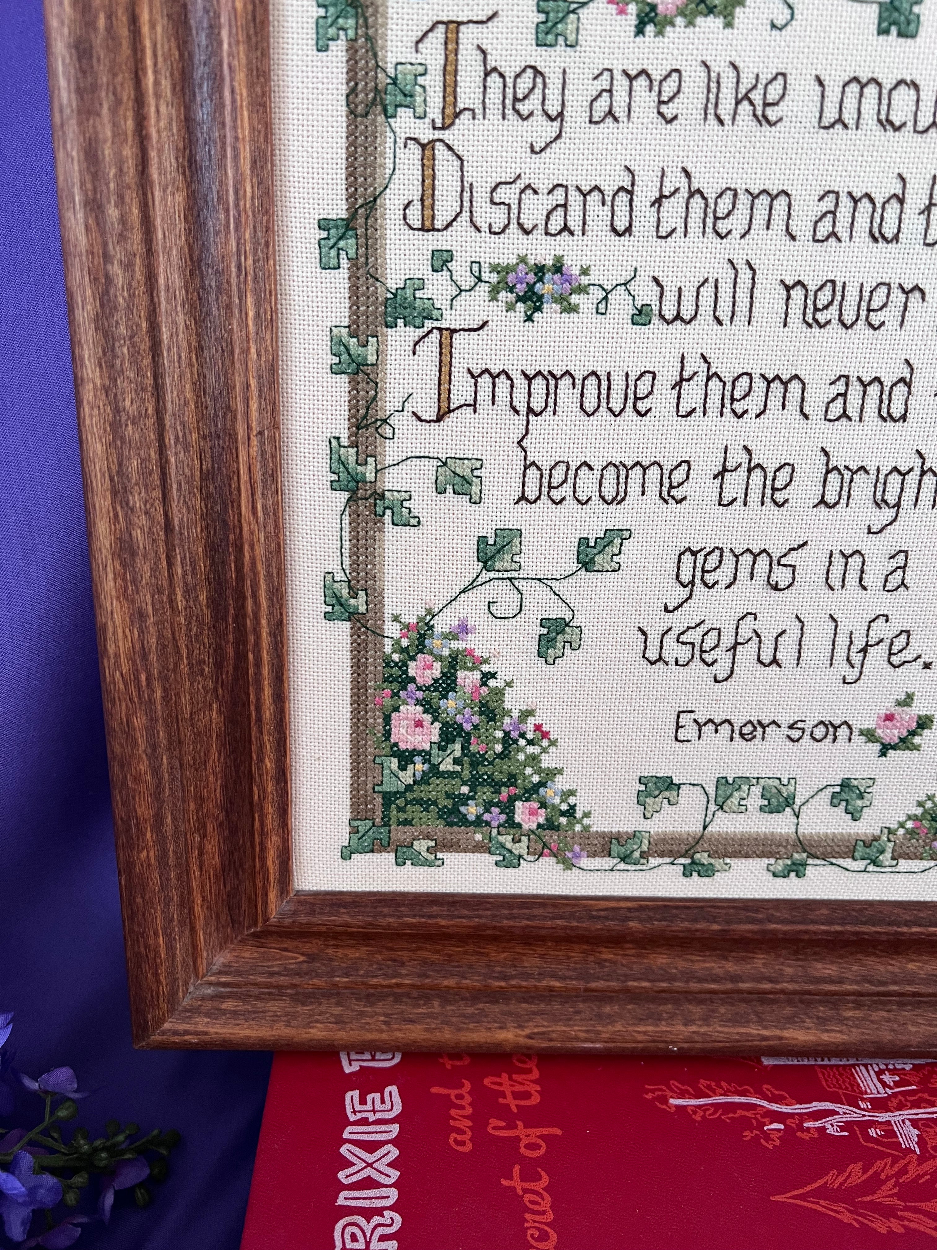Vintage Framed Cross Stitch Ralph Waldo Emerson Quote | Grandmillennial Wall Art Cottagecore Decor | Finished Hand Embroidered Sampler Clock
