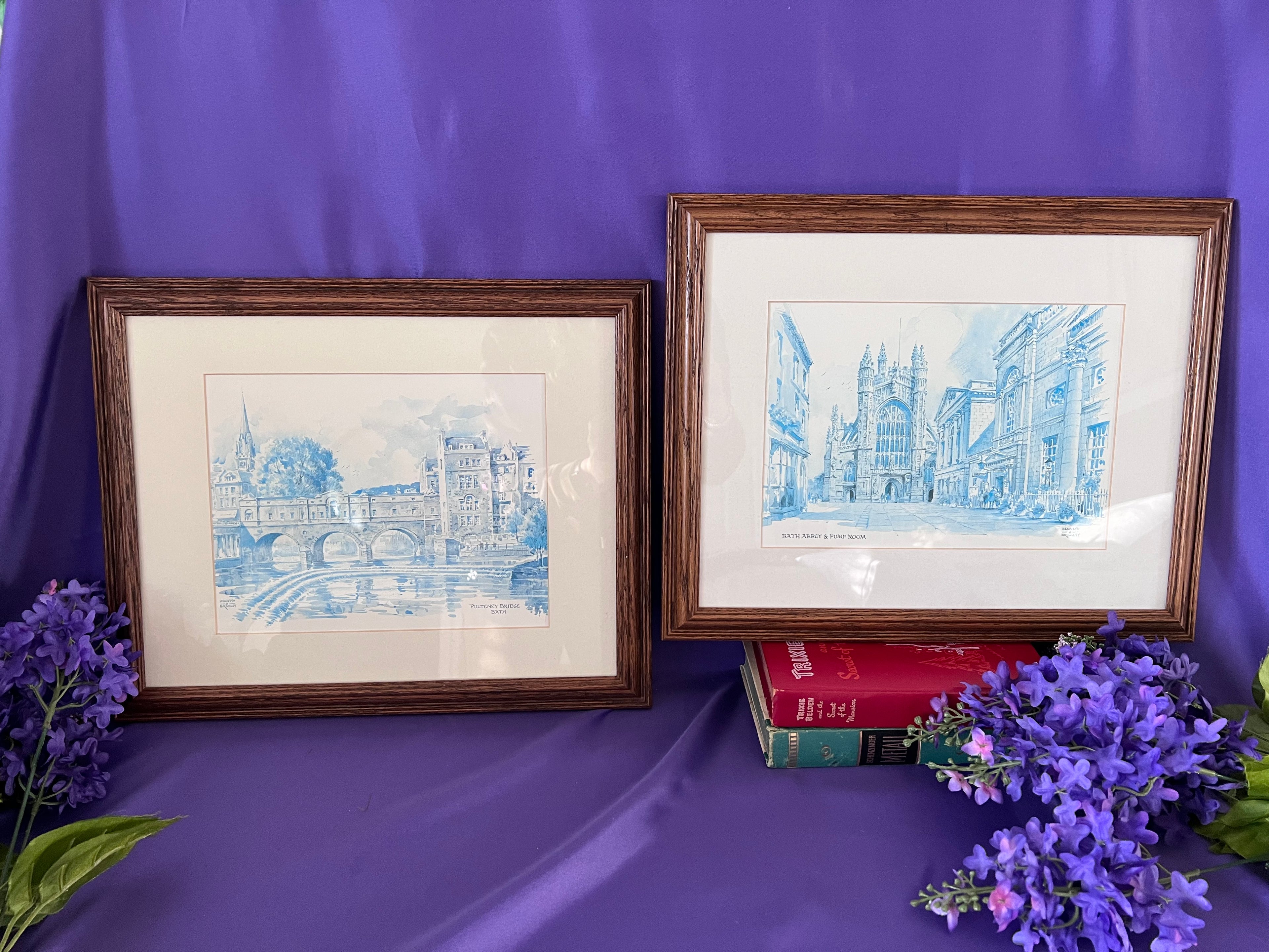 Vintage Kenneth A. Bromley Framed Prints – Pulteney Bridge & Bath Abbey, Bath England – Pair