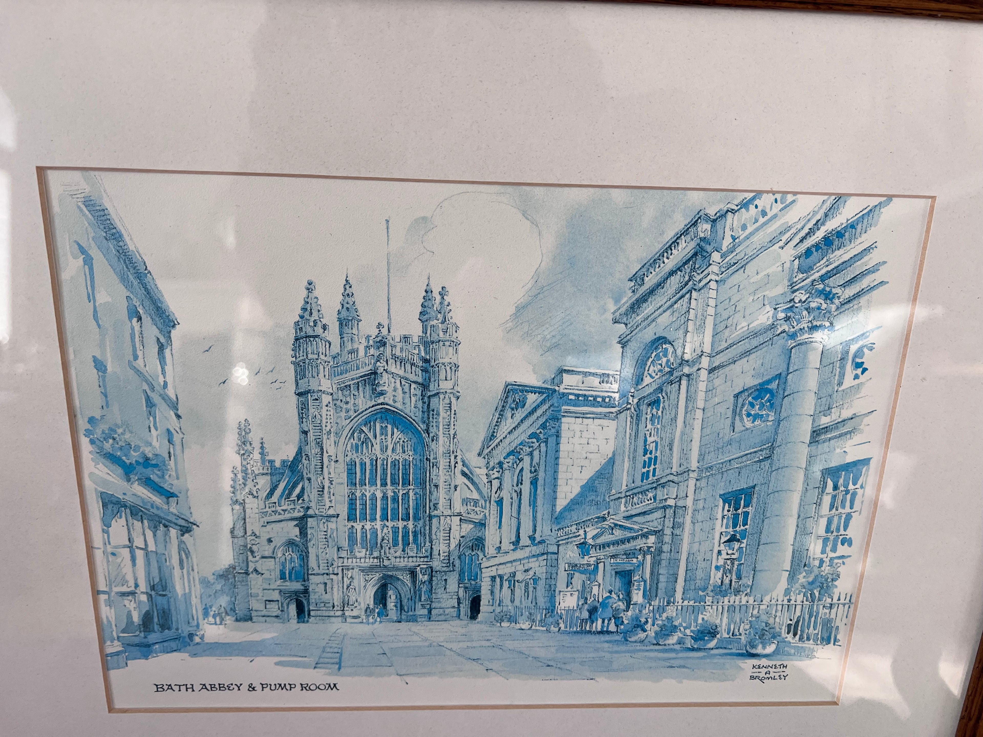 Vintage Kenneth A. Bromley Framed Prints – Pulteney Bridge & Bath Abbey, Bath England – Pair