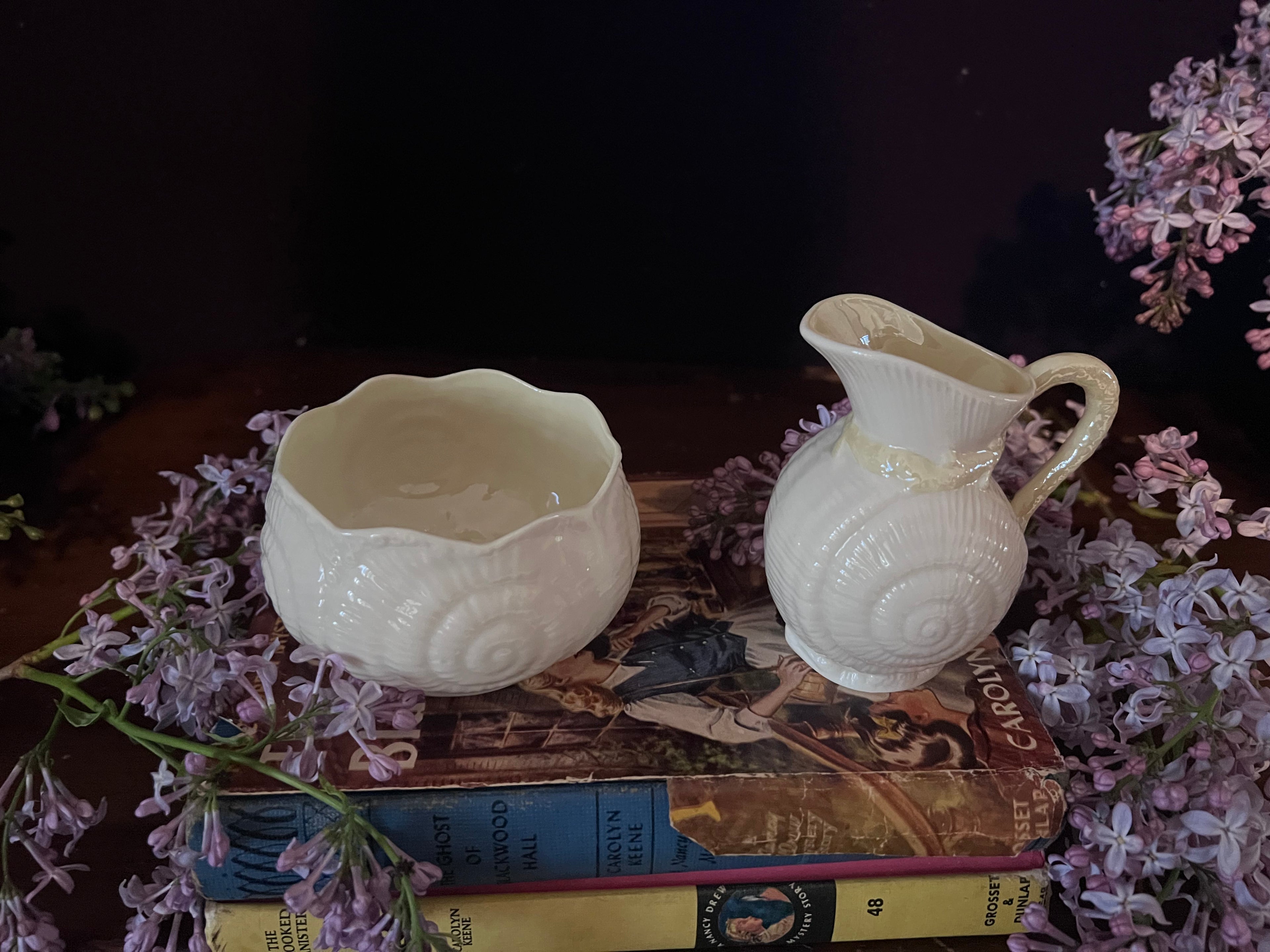 Belleek Ireland Neptune Shell Creamer and Sugar Bowl Set - Tridacna Pattern Parian China