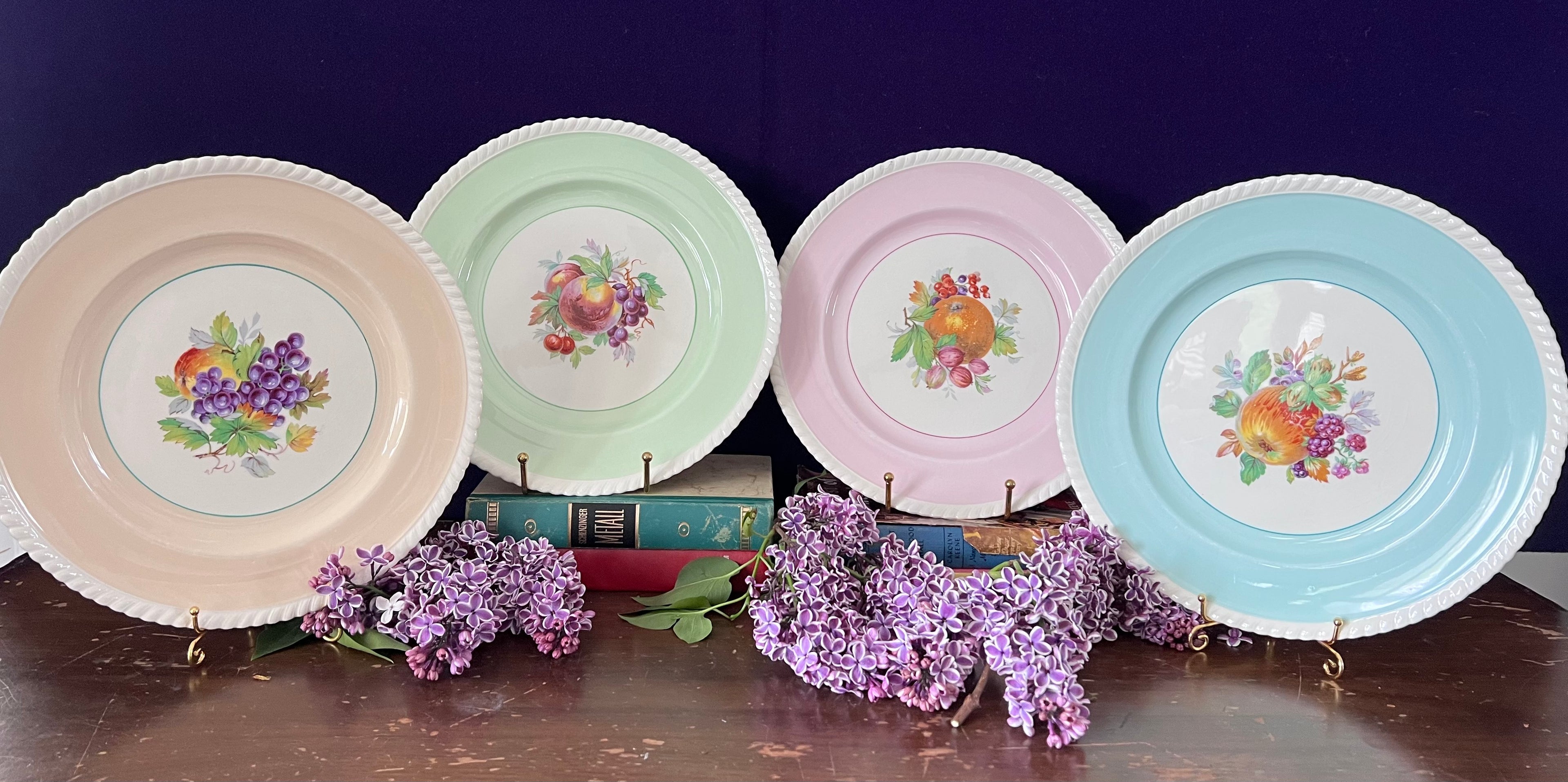 Vintage Johnson Brothers "Old English" Pastel Fruit Plates - Set of 4 | Grandmillennial Shabby Chic English Ironstone Dessert Plates | Pink, Blue, Green, Peach