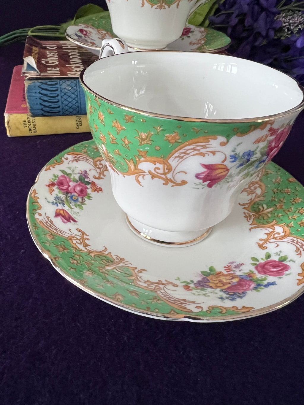 Vintage Paragon "Rockingham Green" Fine Bone China Tea Set – Service for Two with Creamer, Sugar, and 6 Plates – Bird of Paradise