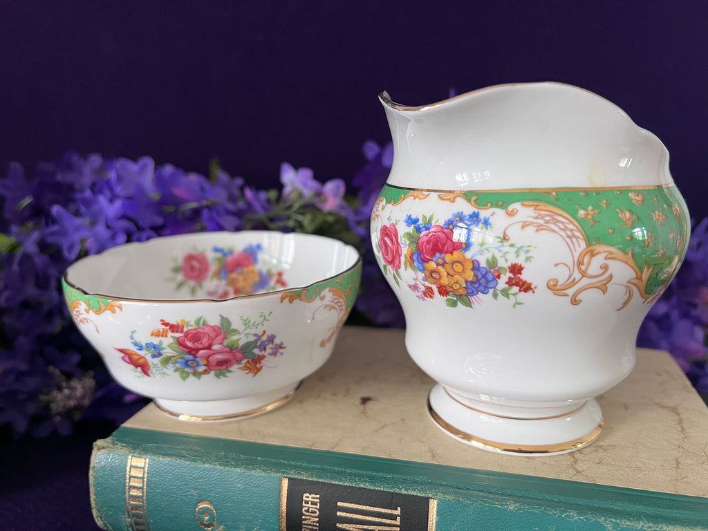Vintage Paragon "Rockingham Green" Fine Bone China Tea Set – Service for Two with Creamer, Sugar, and 6 Plates – Bird of Paradise