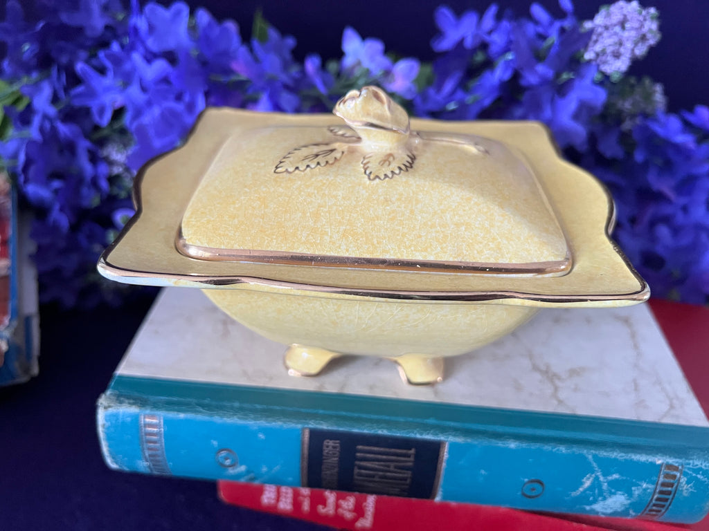 Vintage Royal Winton Grimwades Yellow Rosebud Footed Trinket Box - Made in England 1940s