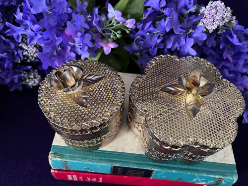 Mid-Century Ornate Gold Metal Pierced Casket Boxes, Romantic Vintage Garden Vanity Decor, Set of Two