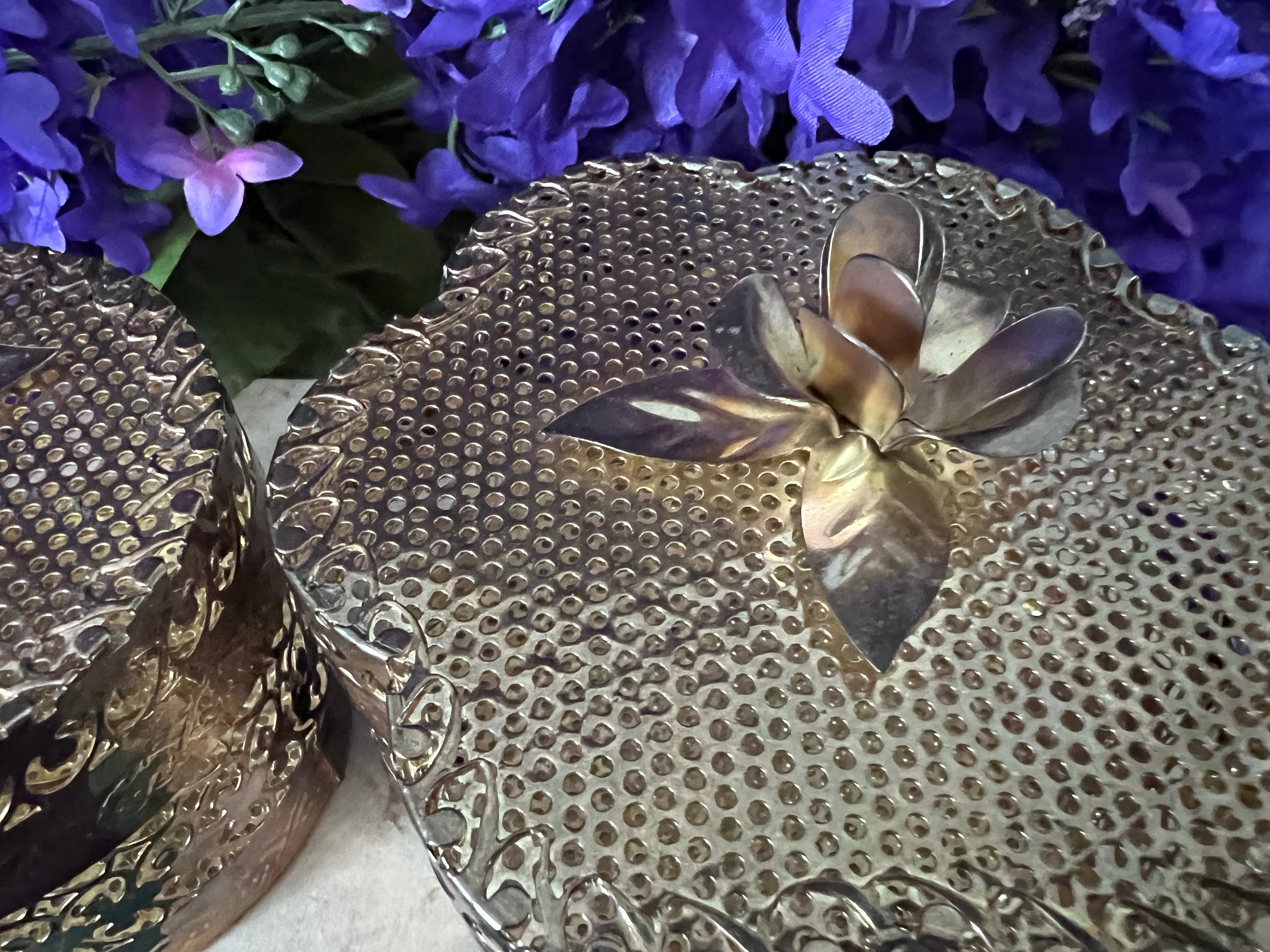 Mid-Century Ornate Gold Metal Pierced Casket Boxes, Romantic Vintage Garden Vanity Decor, Set of Two