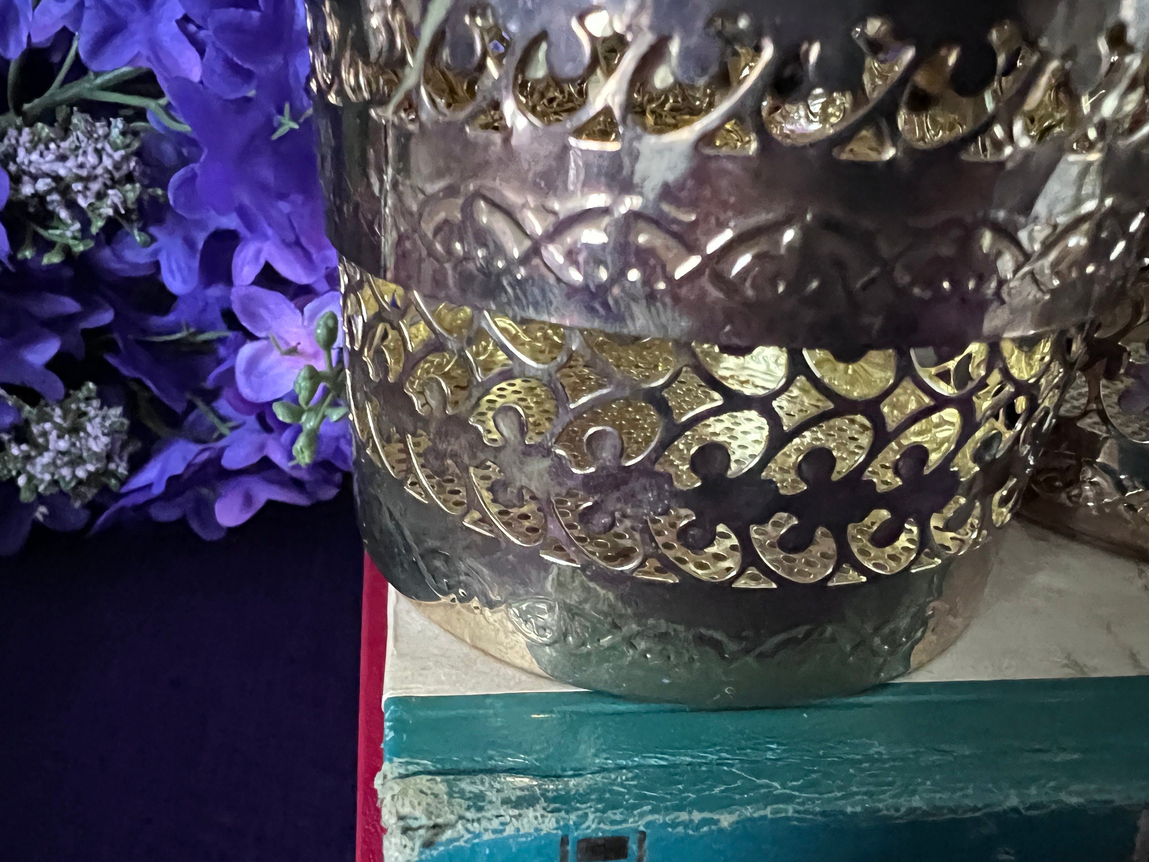 Mid-Century Ornate Gold Metal Pierced Casket Boxes, Romantic Vintage Garden Vanity Decor, Set of Two