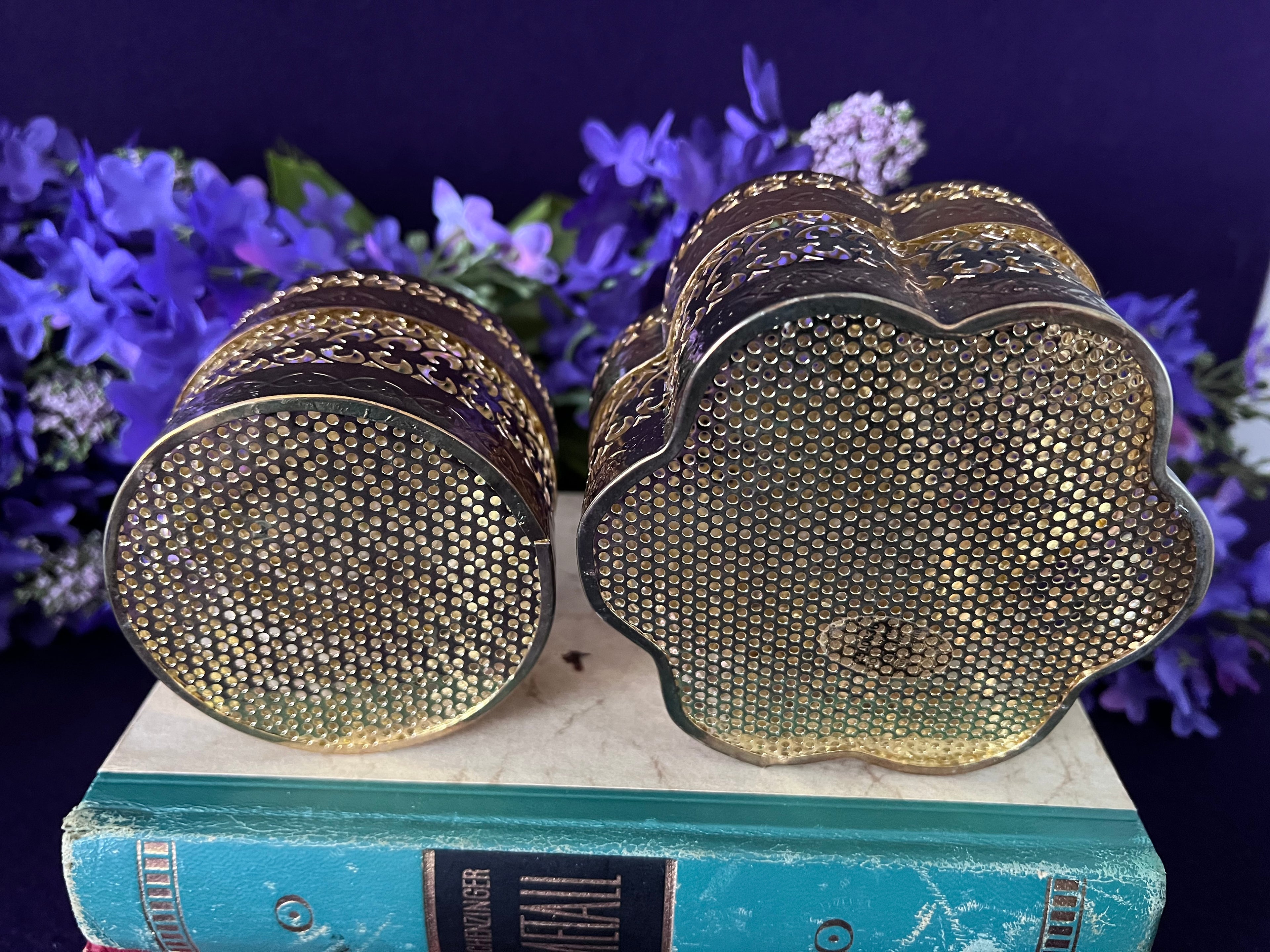 Mid-Century Ornate Gold Metal Pierced Casket Boxes, Romantic Vintage Garden Vanity Decor, Set of Two
