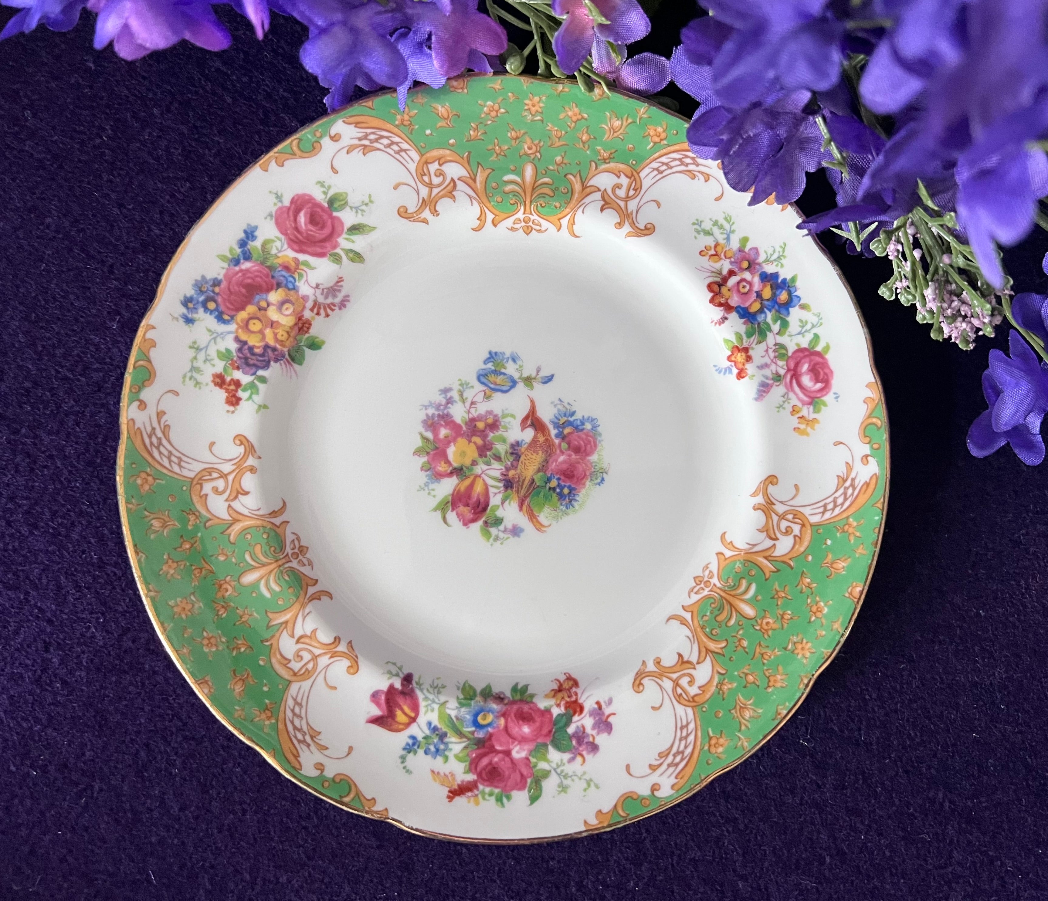 Vintage Paragon "Rockingham Green" Fine Bone China Tea Set – Service for Two with Creamer, Sugar, and 6 Plates – Bird of Paradise