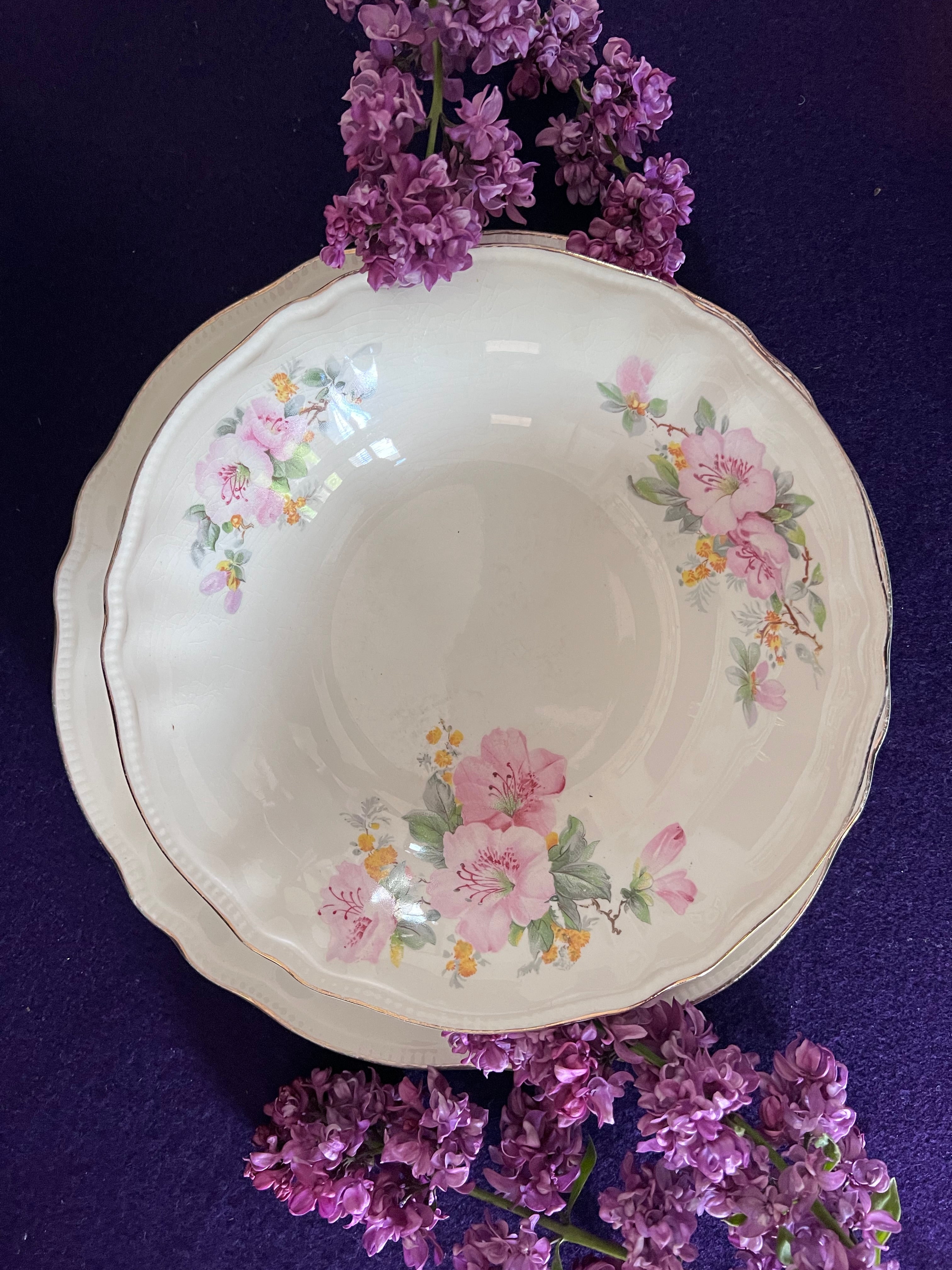 Vintage Sovereign Potters Apple Blossom Soup & Sandwich Set - Service for 4, Dinner Plates & Rimmed Soup Bowls, Canadian Earthenware