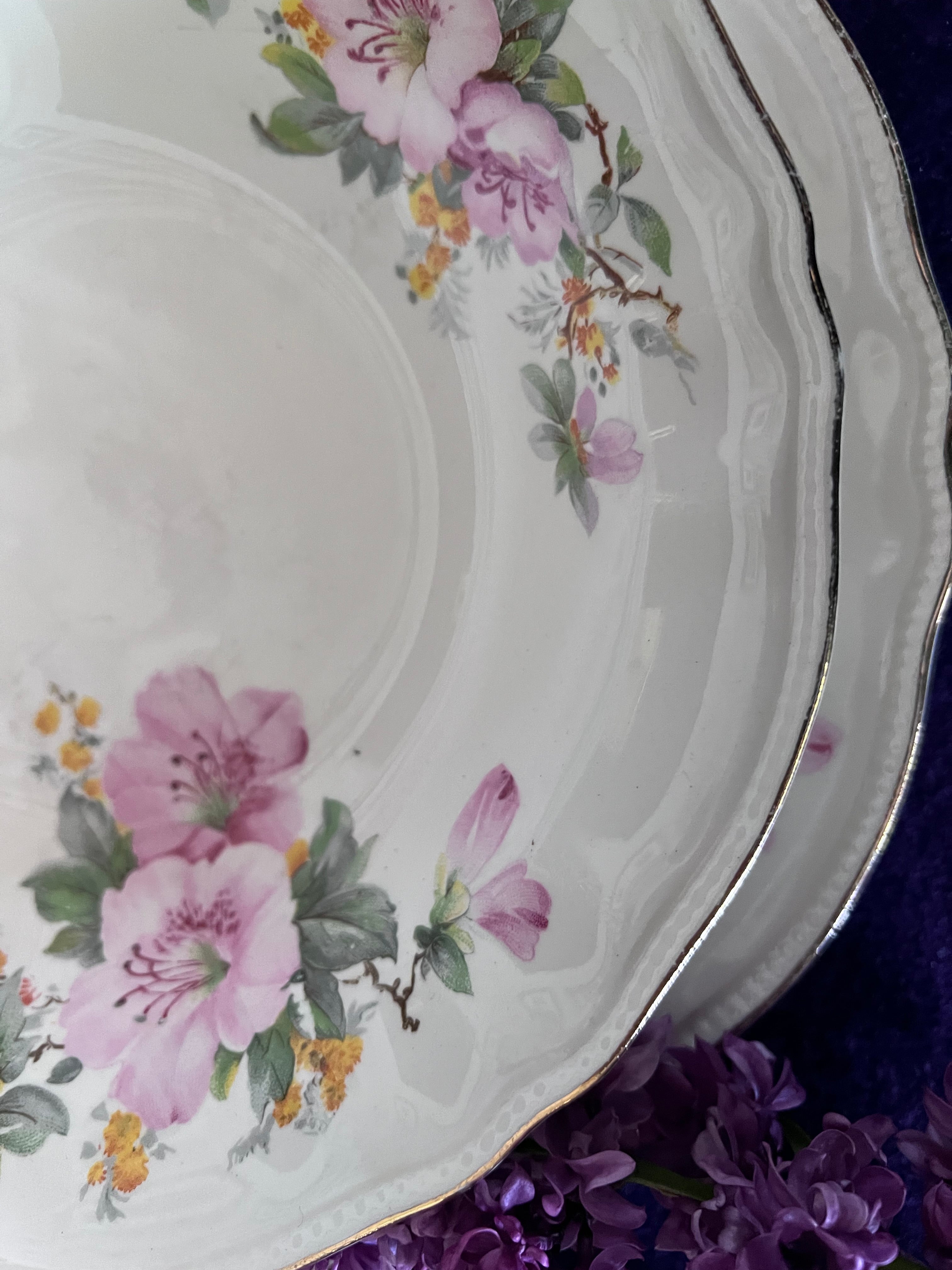 Vintage Sovereign Potters Apple Blossom Soup & Sandwich Set - Service for 4, Dinner Plates & Rimmed Soup Bowls, Canadian Earthenware