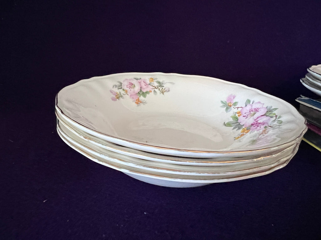 Vintage Sovereign Potters Apple Blossom Soup & Sandwich Set - Service for 4, Dinner Plates & Rimmed Soup Bowls, Canadian Earthenware