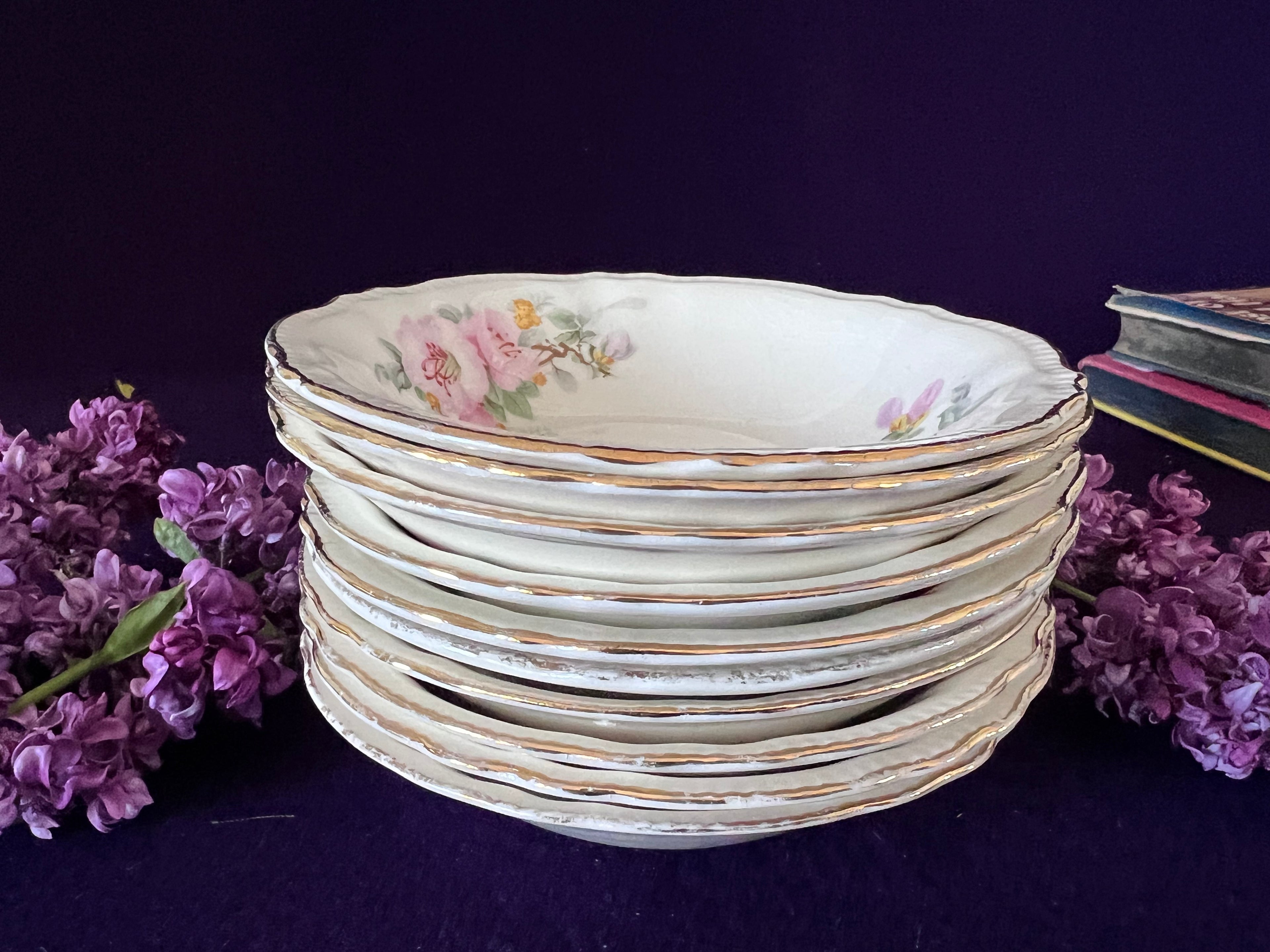 Vintage Sovereign Potters Apple Blossom Bowls - Set of 10 Fruit Nappies, Made in Canada Mid-Century Dessert Bowls, Scalloped Floral