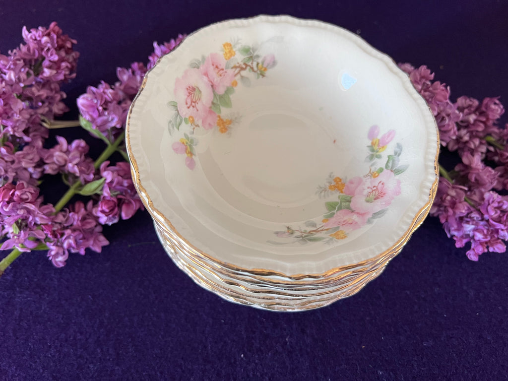 Vintage Sovereign Potters Apple Blossom Bowls - Set of 10 Fruit Nappies, Made in Canada Mid-Century Dessert Bowls, Scalloped Floral