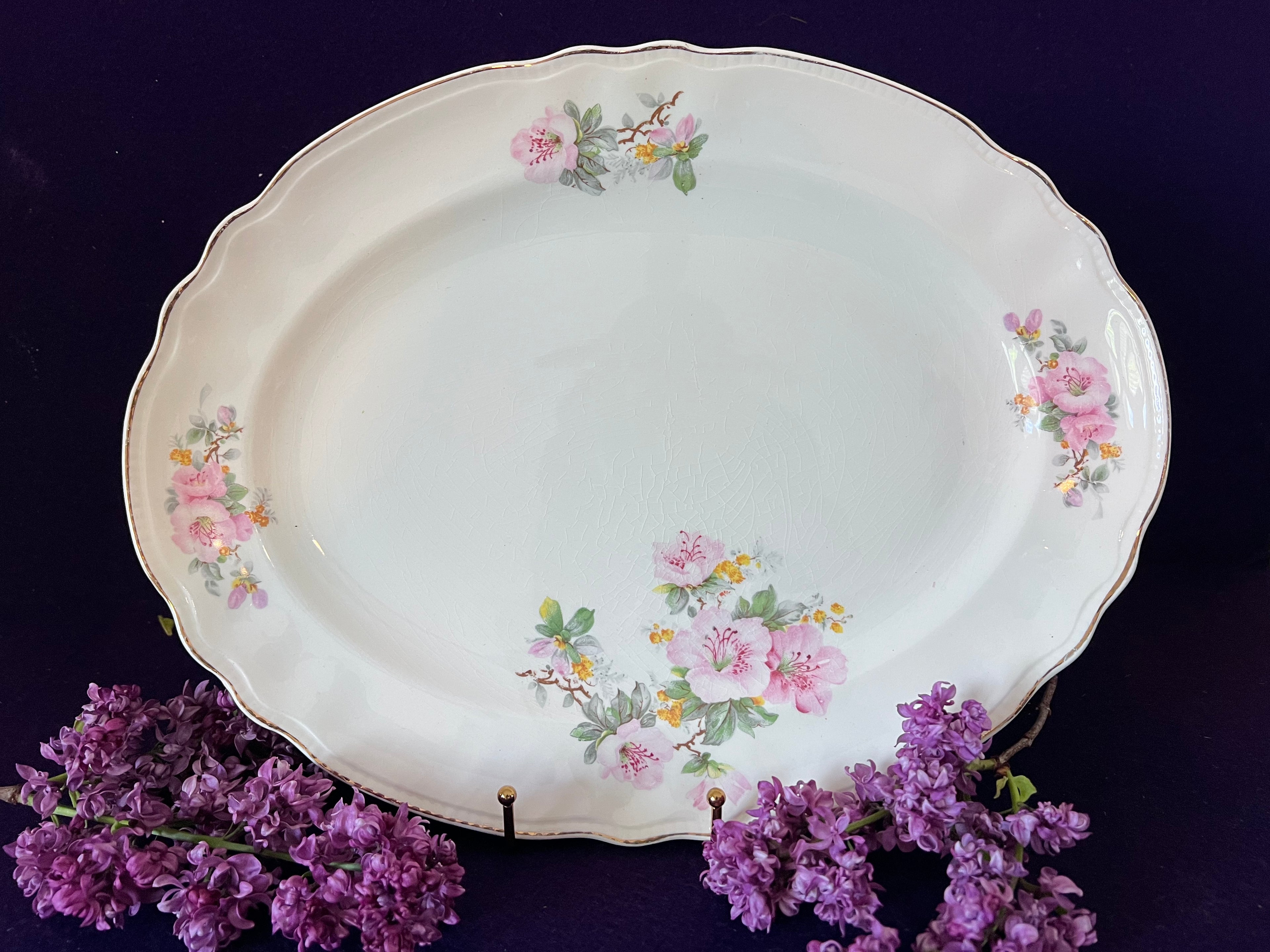 Large Vintage Sovereign Potters Apple Blossom Oval Platter, 14" Mid-Century Canadian Serving Dish, Romantic Vintage Garden Decor