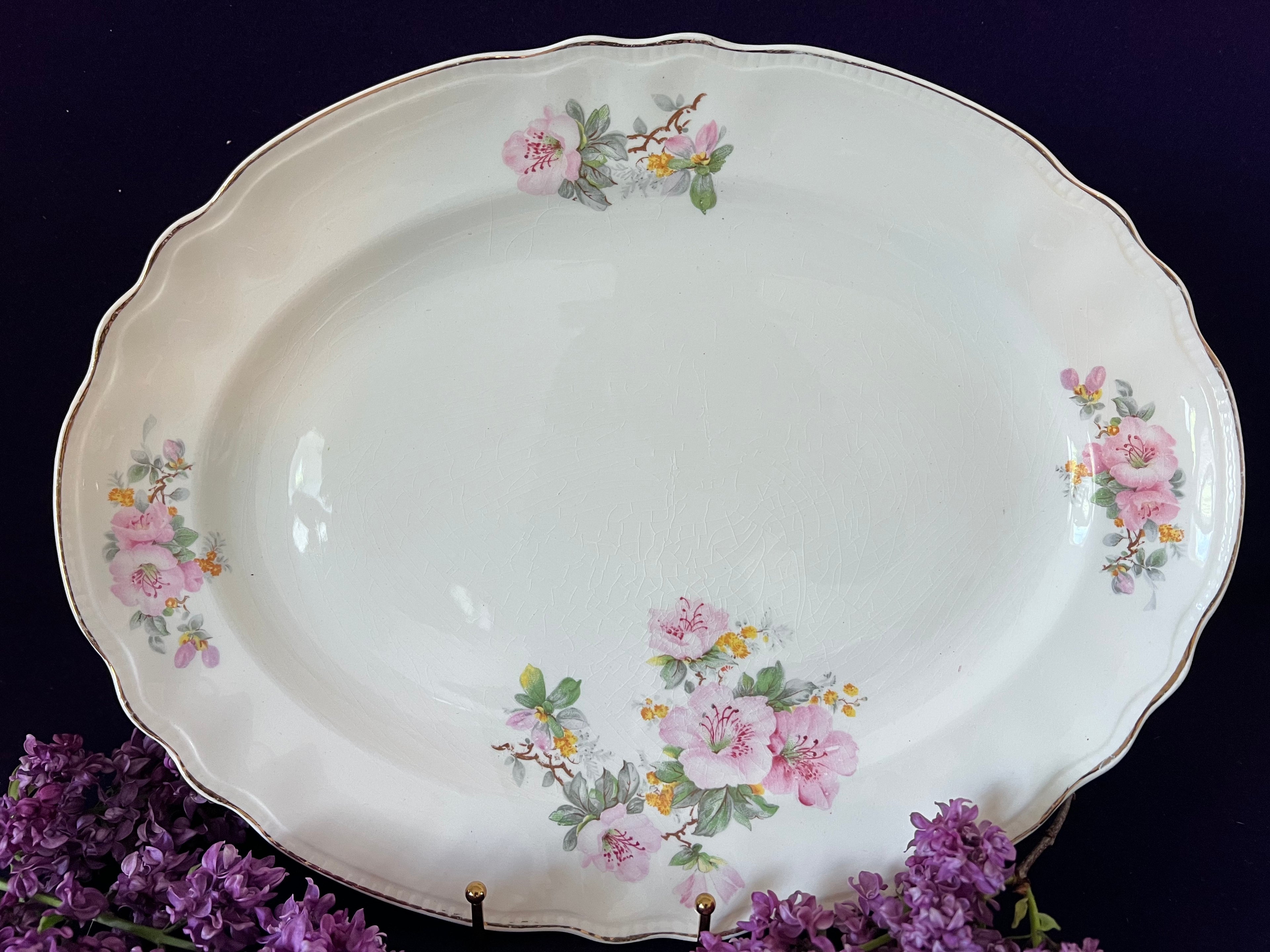 Large Vintage Sovereign Potters Apple Blossom Oval Platter, 14" Mid-Century Canadian Serving Dish, Romantic Vintage Garden Decor