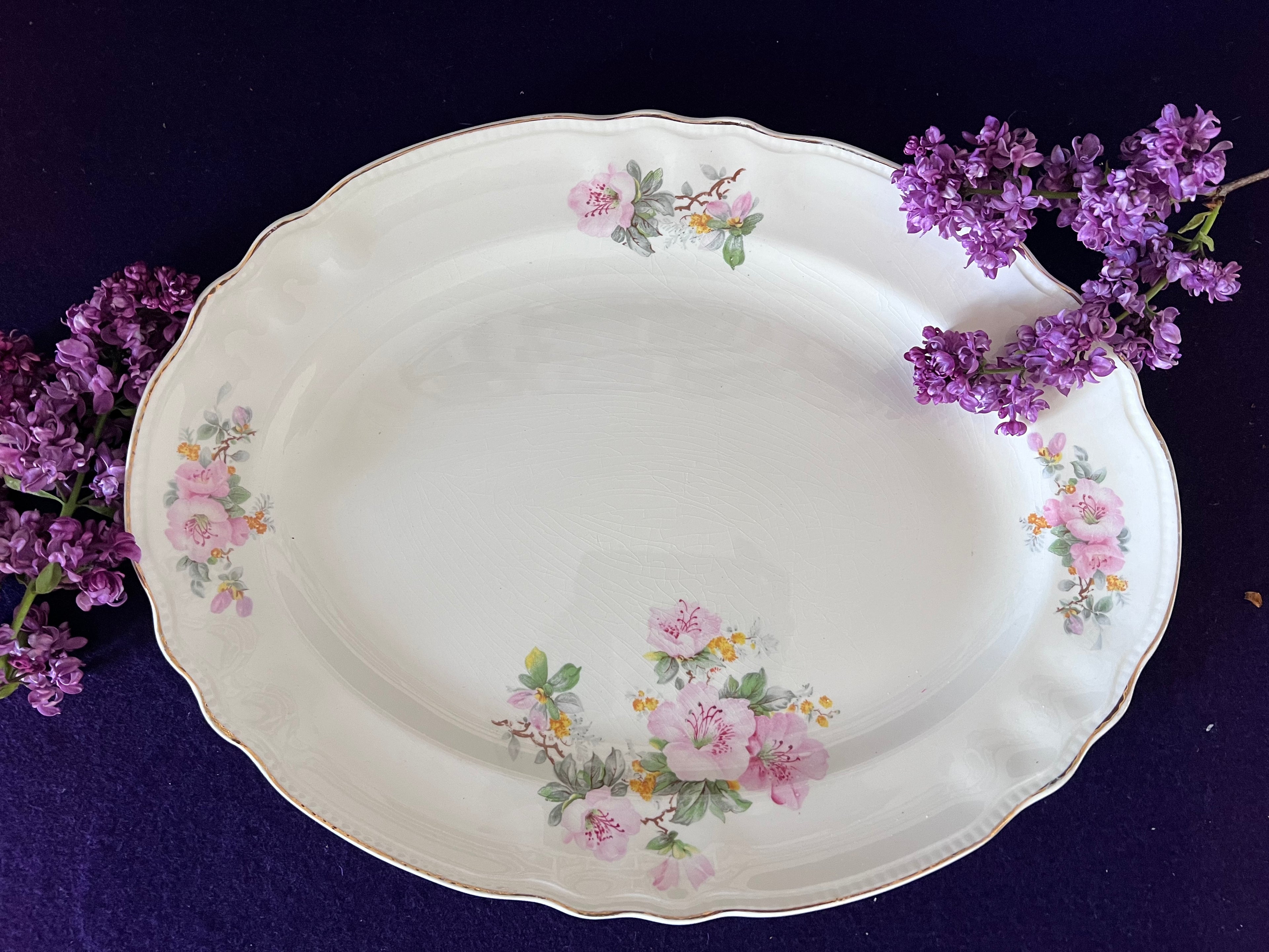 Large Vintage Sovereign Potters Apple Blossom Oval Platter, 14" Mid-Century Canadian Serving Dish, Romantic Vintage Garden Decor