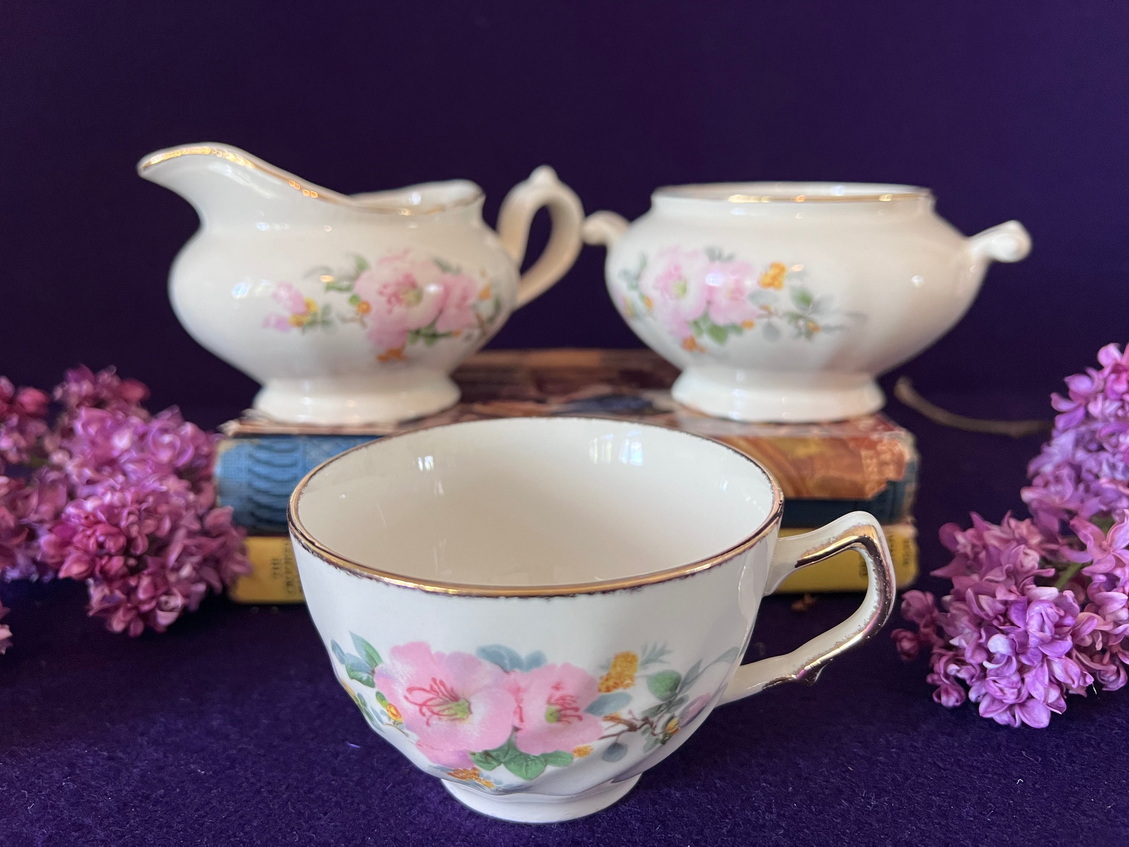 Vintage Sovereign Potters Apple Blossom Tea Set Trio — Creamer, Sugar Bowl & Teacup