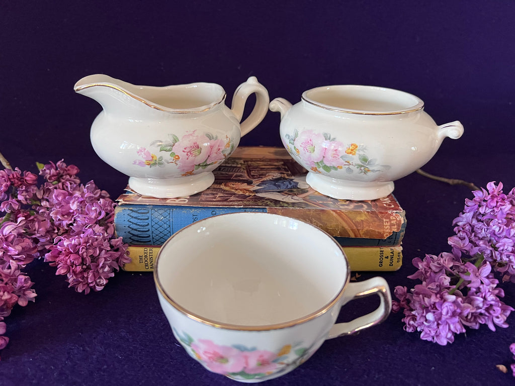 Vintage Sovereign Potters Apple Blossom Tea Set Trio — Creamer, Sugar Bowl & Teacup