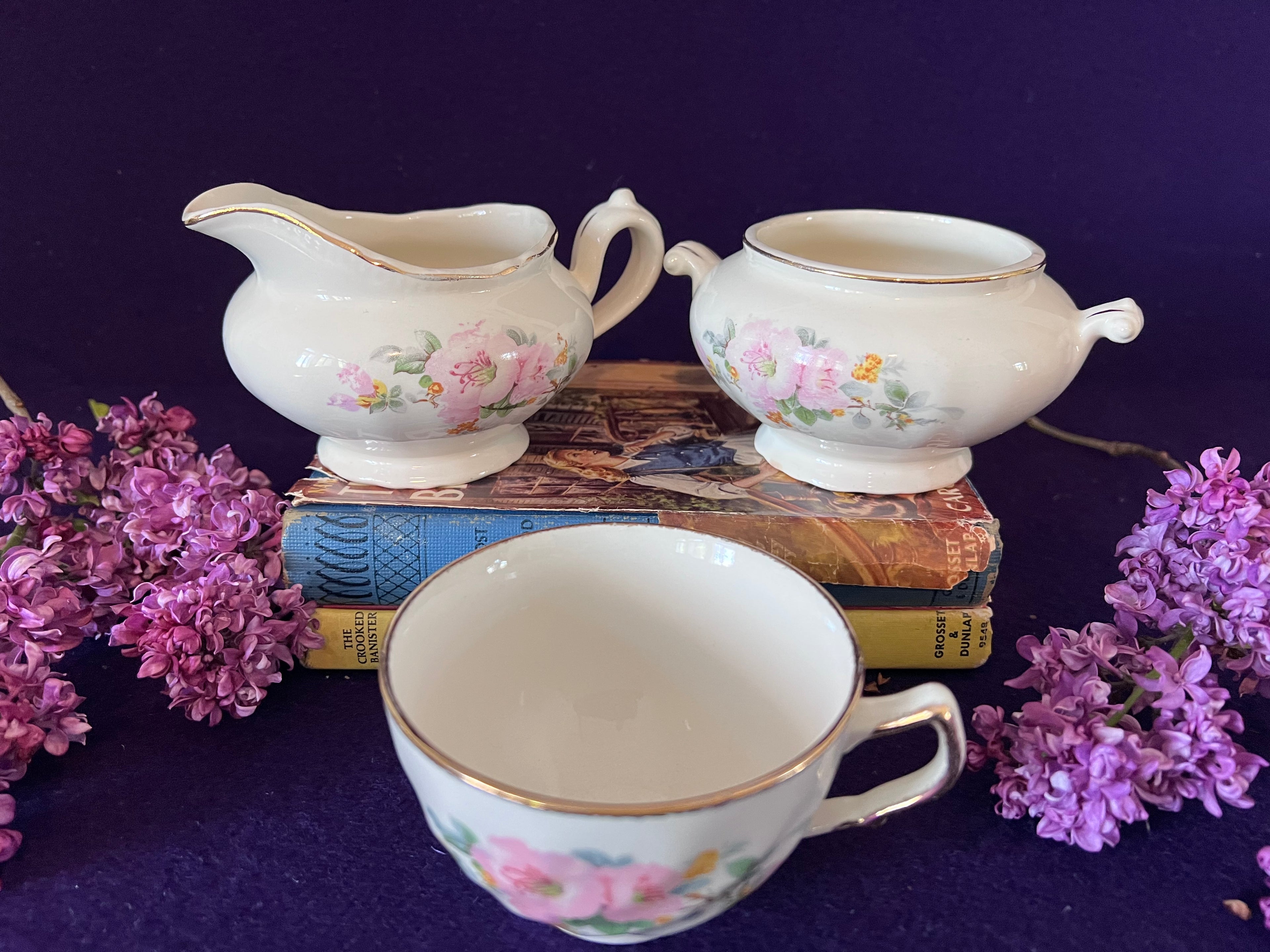 Vintage Sovereign Potters Apple Blossom Tea Set Trio — Creamer, Sugar Bowl & Teacup