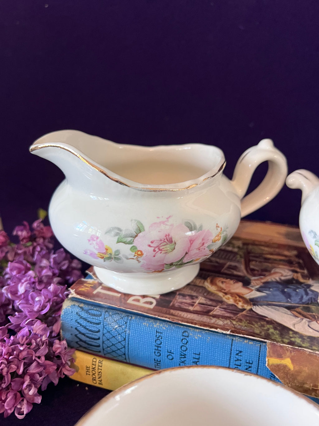 Vintage Sovereign Potters Apple Blossom Tea Set Trio — Creamer, Sugar Bowl & Teacup