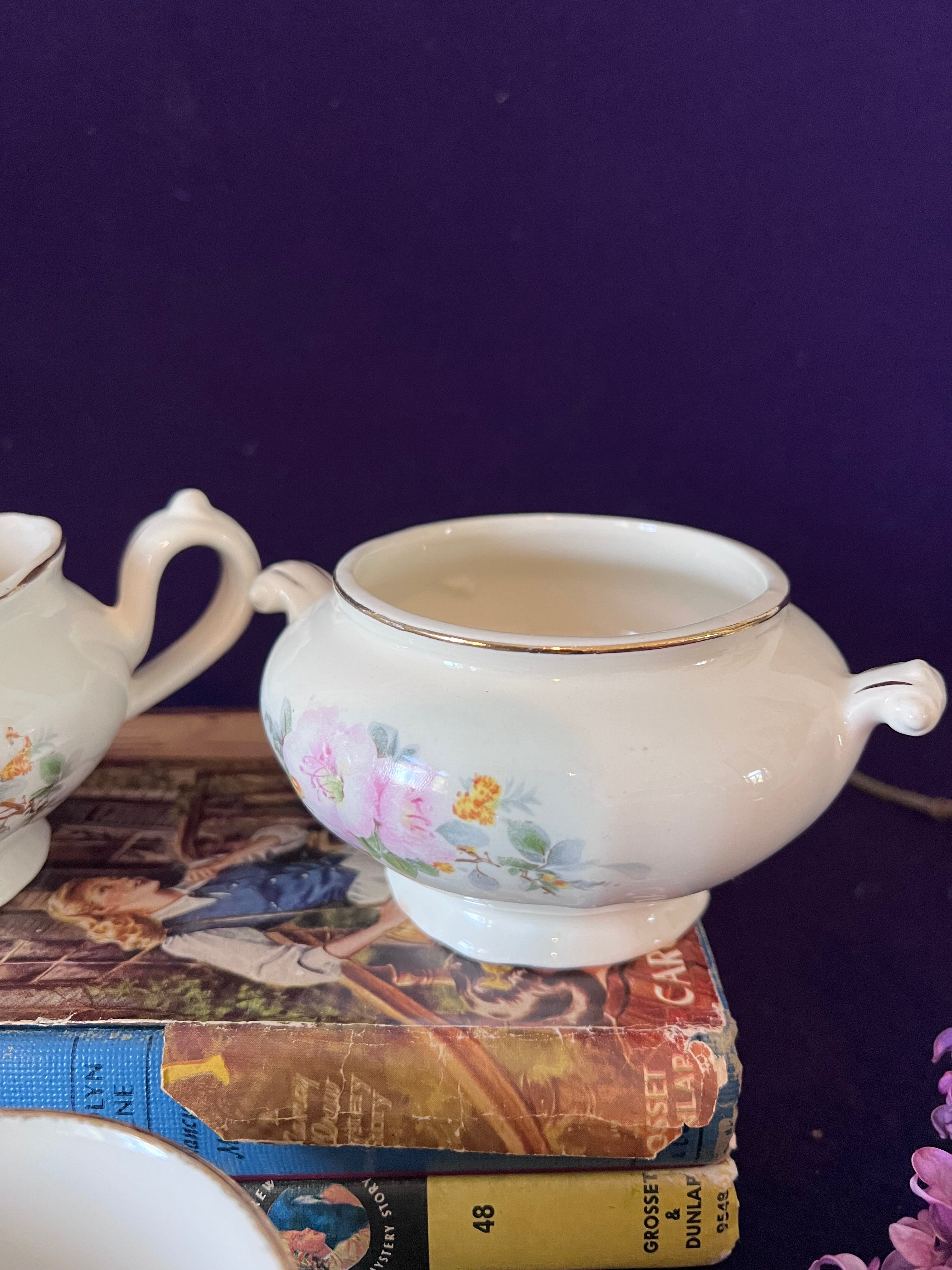 Vintage Sovereign Potters Apple Blossom Tea Set Trio — Creamer, Sugar Bowl & Teacup