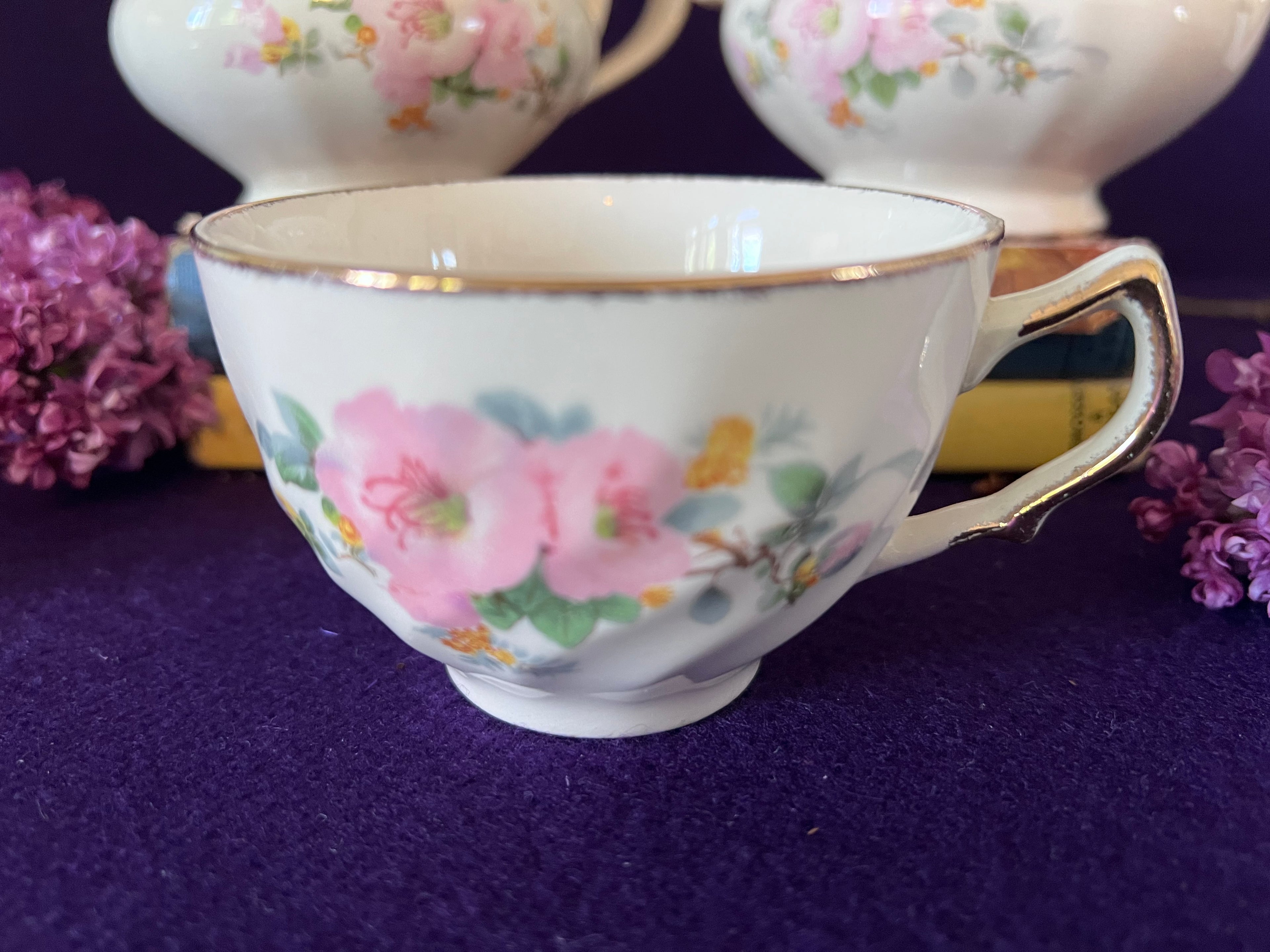 Vintage Sovereign Potters Apple Blossom Tea Set Trio — Creamer, Sugar Bowl & Teacup