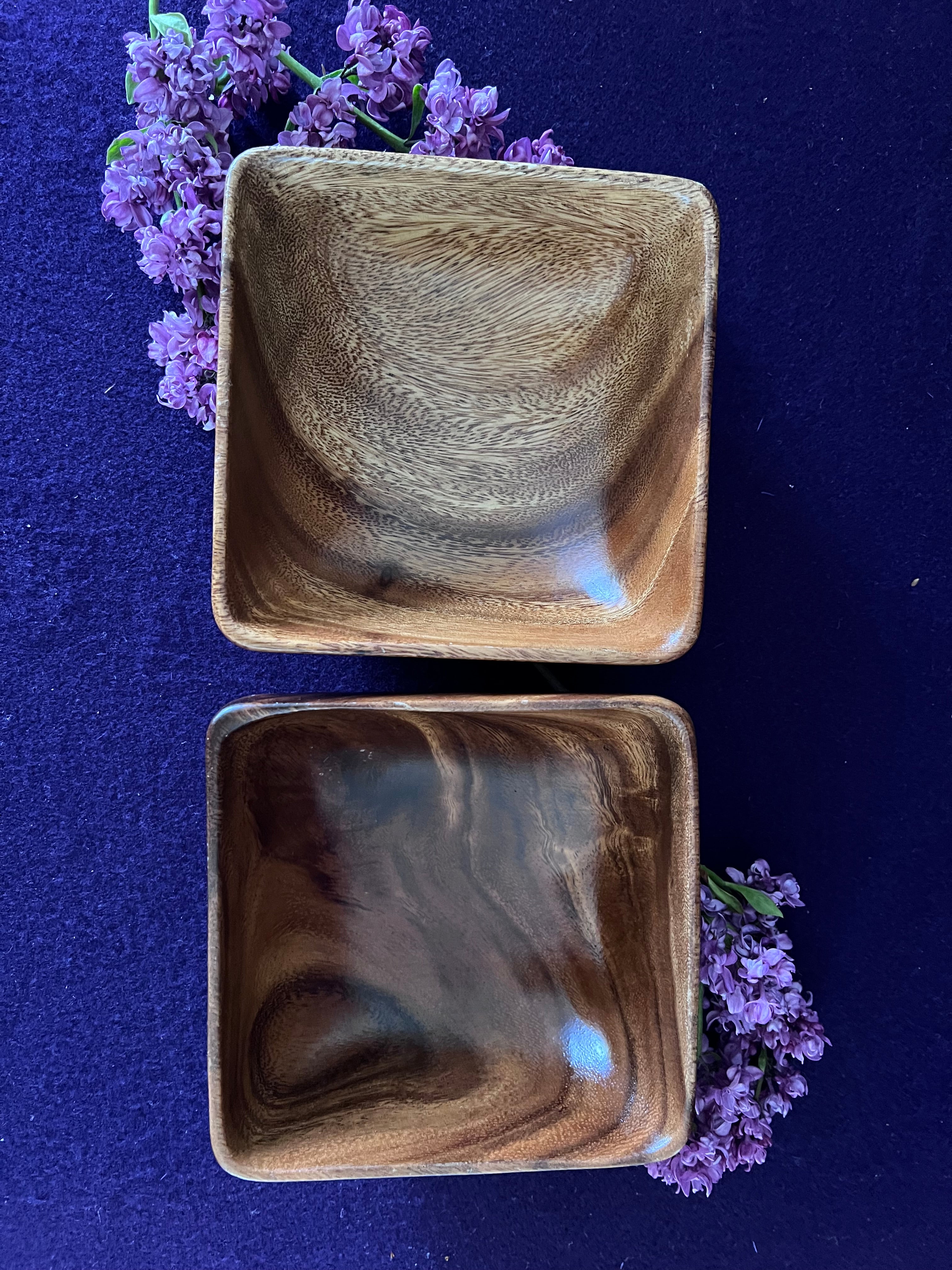 Vintage Mid-Century Monkey Pod Wood Square Bowls - Pair | MCM Hand-Carved Wooden Catchall & Small Serving Bowls