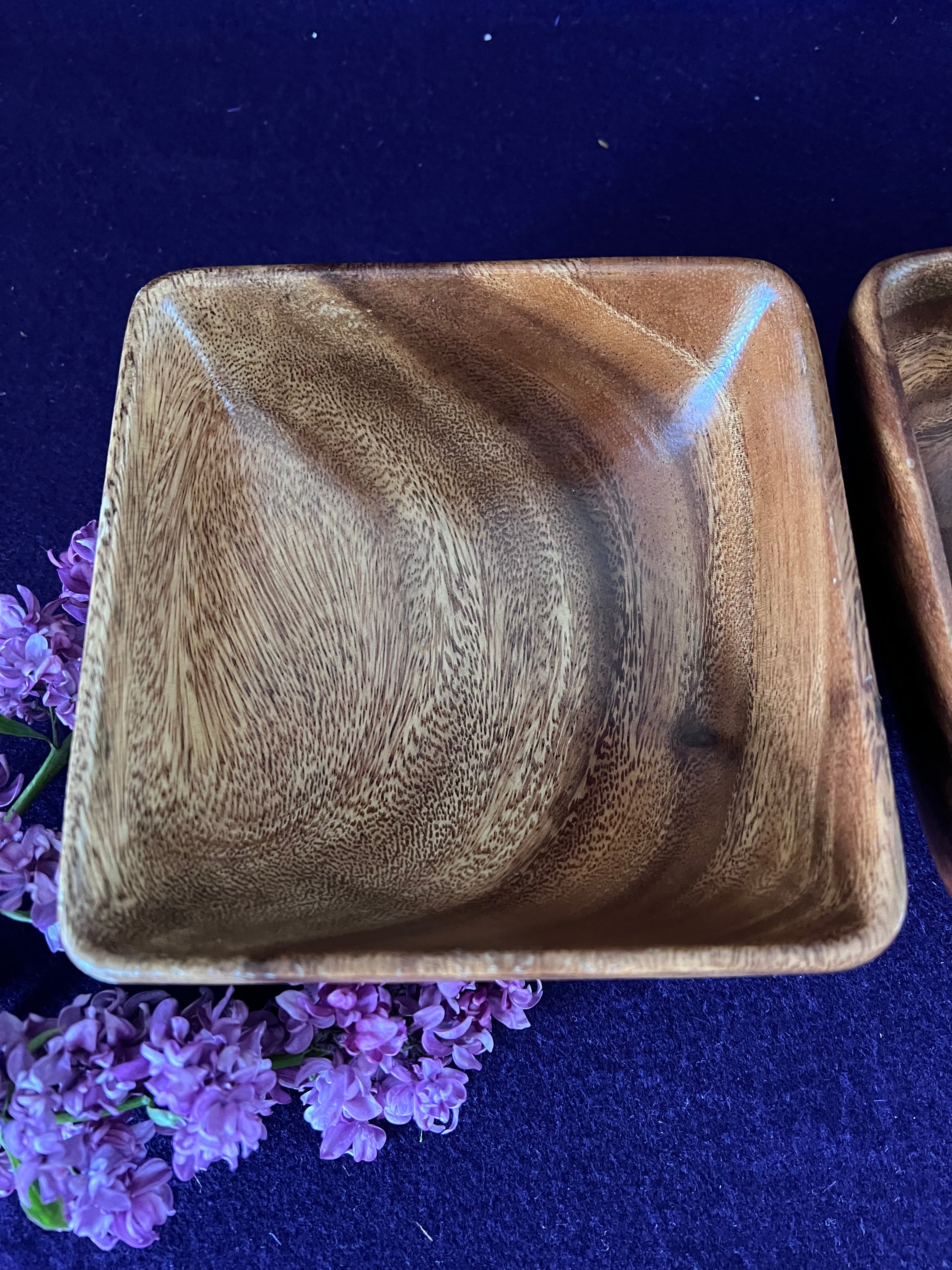 Vintage Mid-Century Monkey Pod Wood Square Bowls - Pair | MCM Hand-Carved Wooden Catchall & Small Serving Bowls
