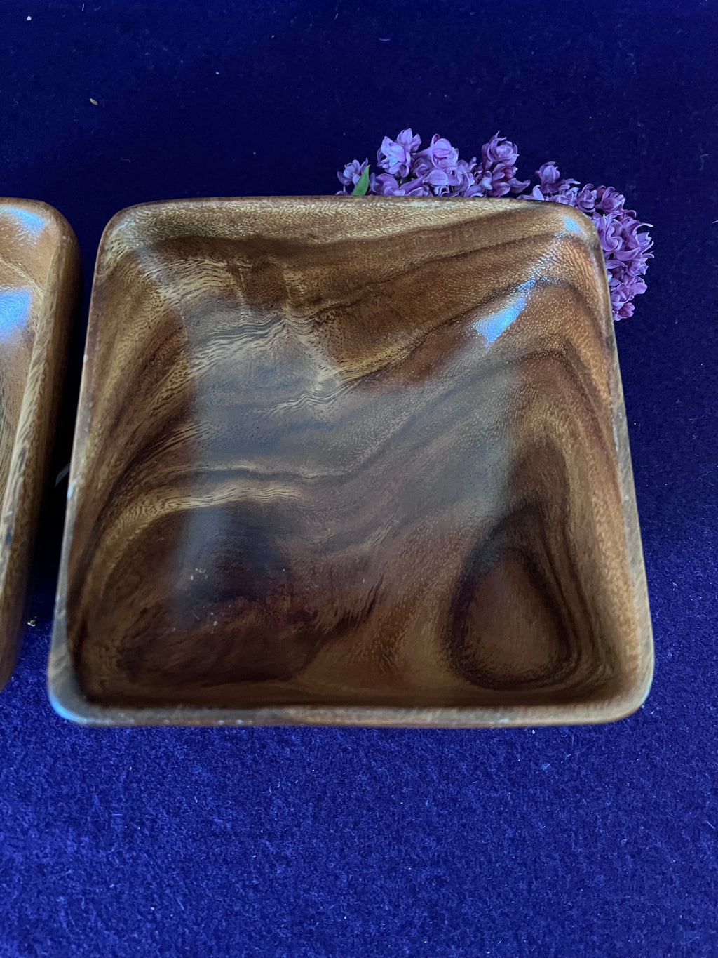 Vintage Mid-Century Monkey Pod Wood Square Bowls - Pair | MCM Hand-Carved Wooden Catchall & Small Serving Bowls