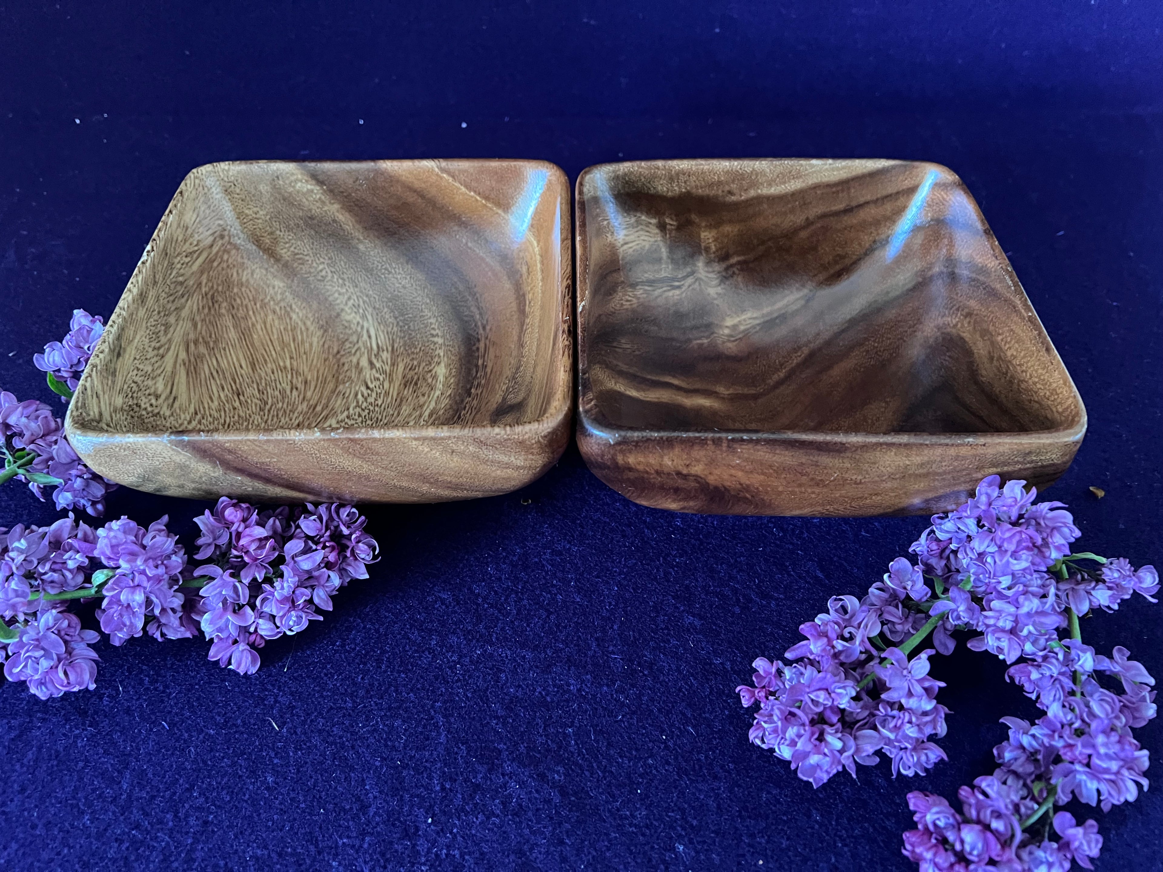 Vintage Mid-Century Monkey Pod Wood Square Bowls - Pair | MCM Hand-Carved Wooden Catchall & Small Serving Bowls