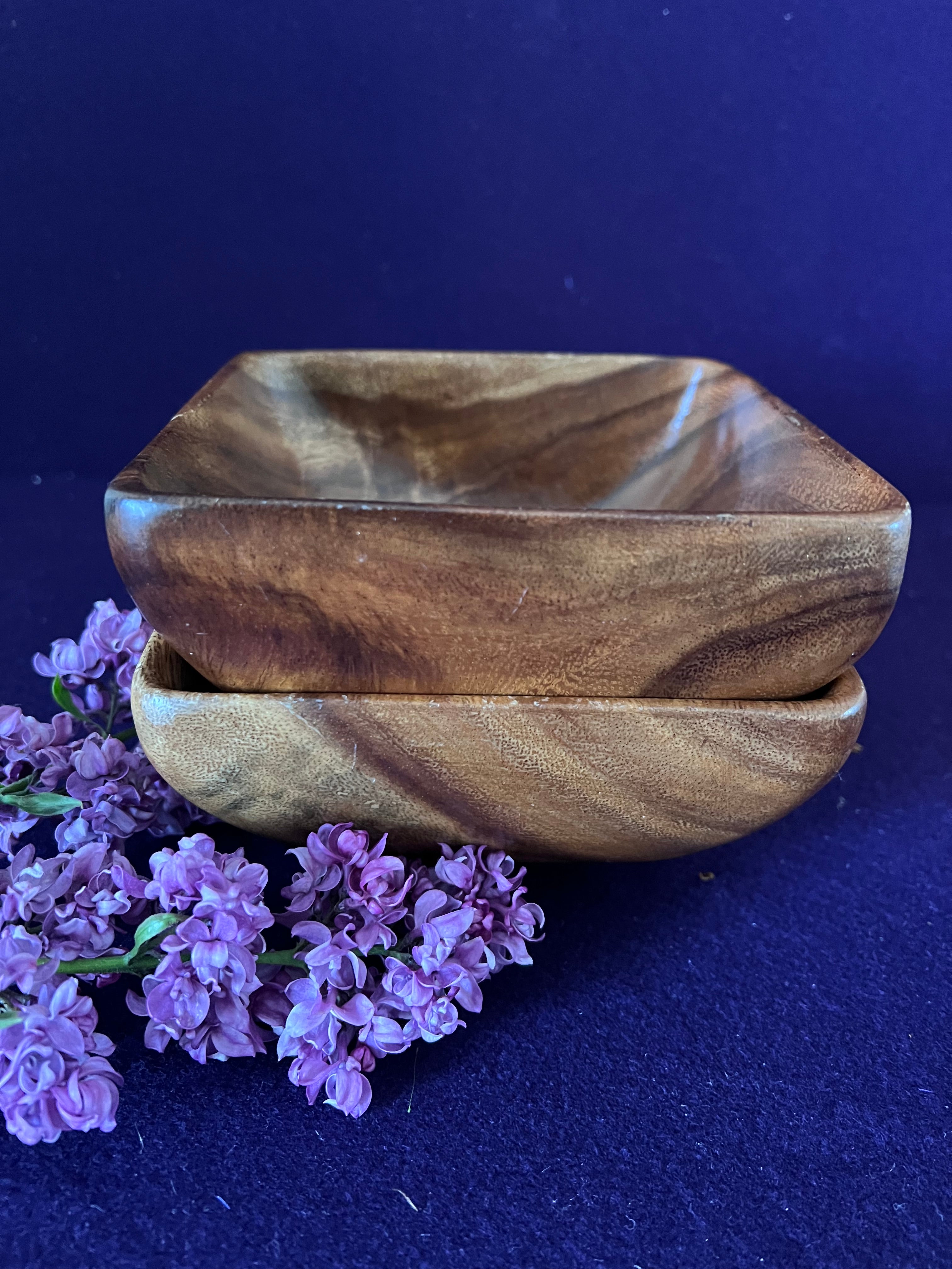 Vintage Mid-Century Monkey Pod Wood Square Bowls - Pair | MCM Hand-Carved Wooden Catchall & Small Serving Bowls