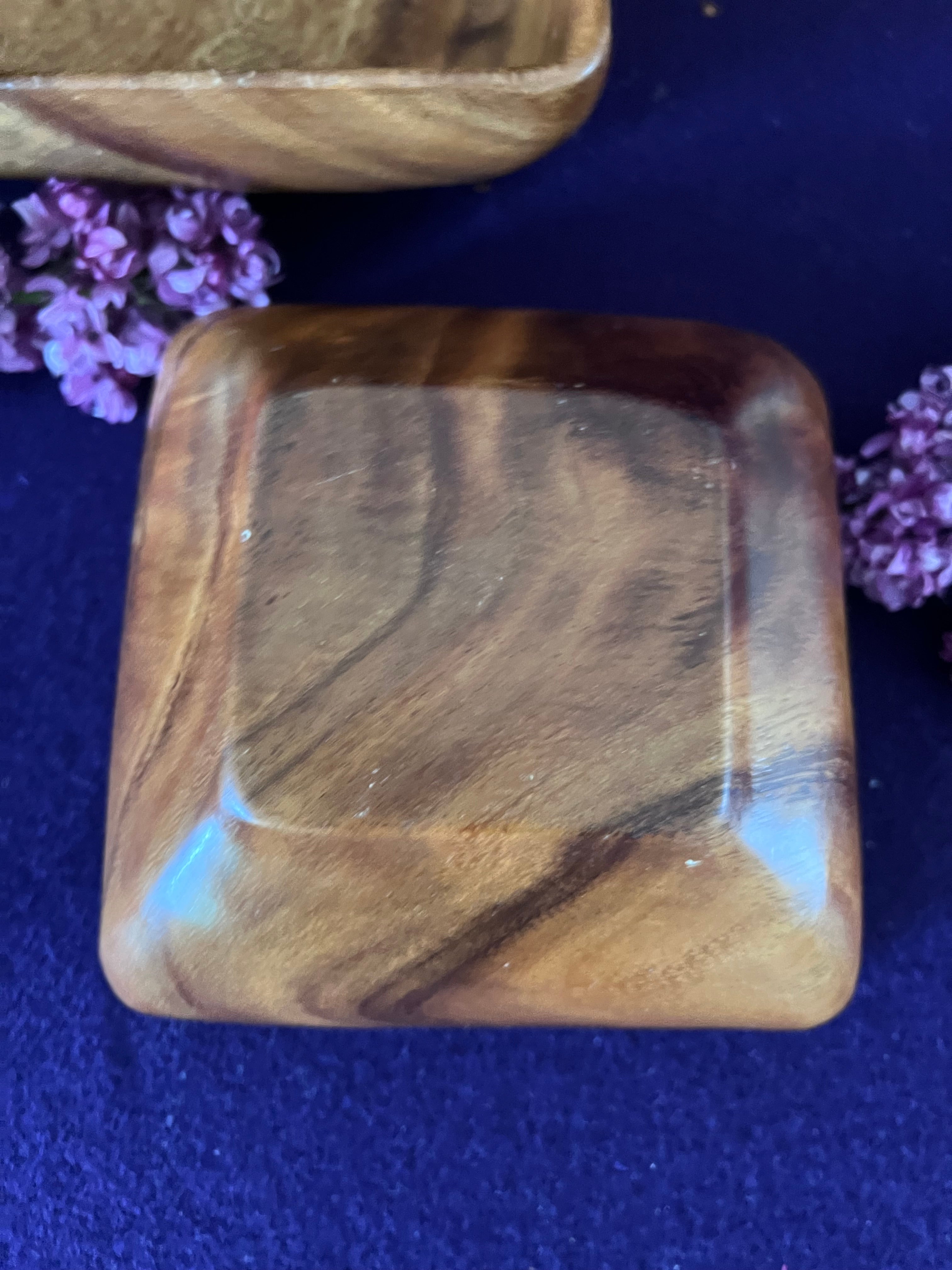 Vintage Mid-Century Monkey Pod Wood Square Bowls - Pair | MCM Hand-Carved Wooden Catchall & Small Serving Bowls