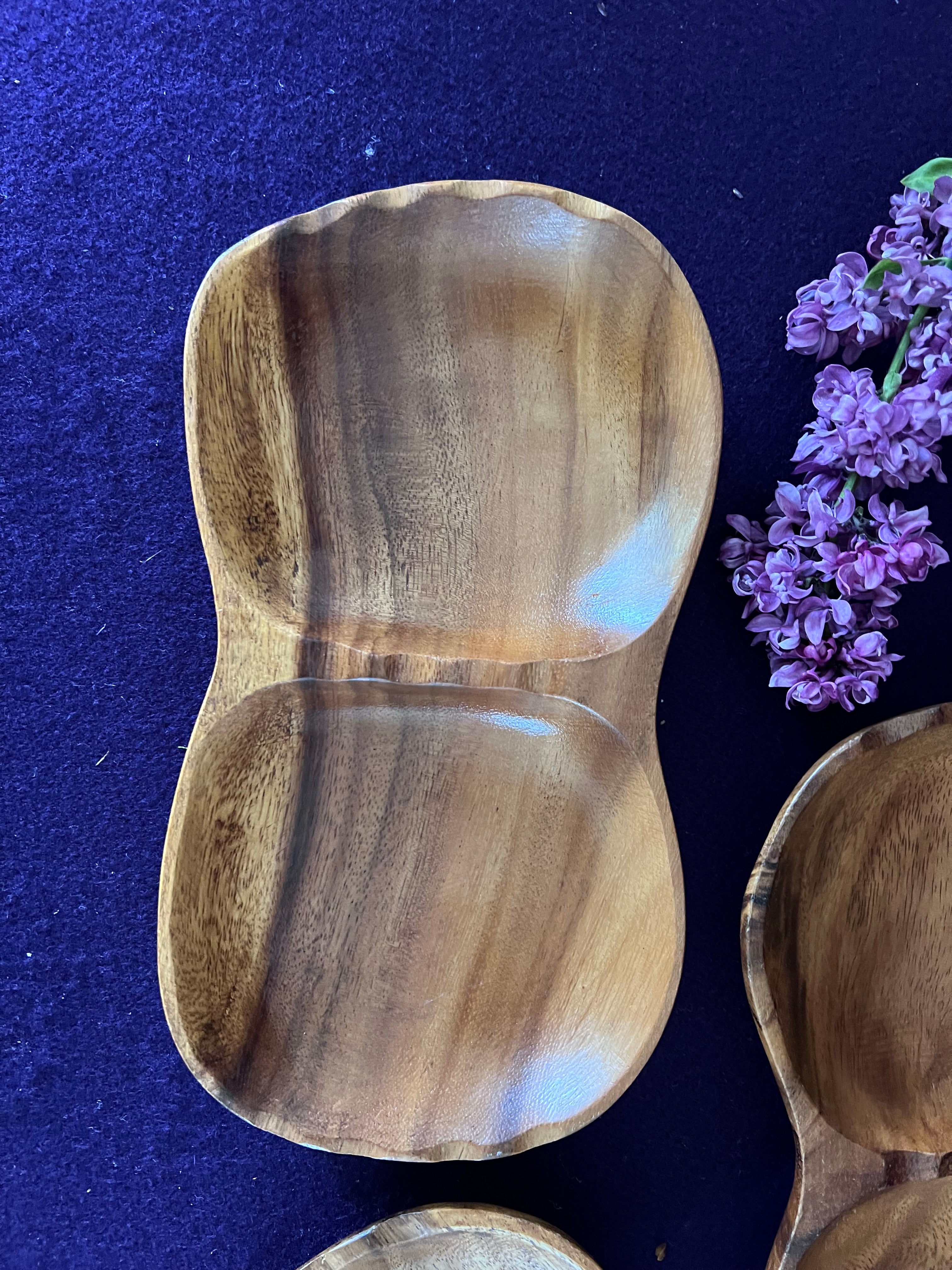 Vintage Mid-Century Hand-Carved Monkey Pod Divided Dishes - Set of 3