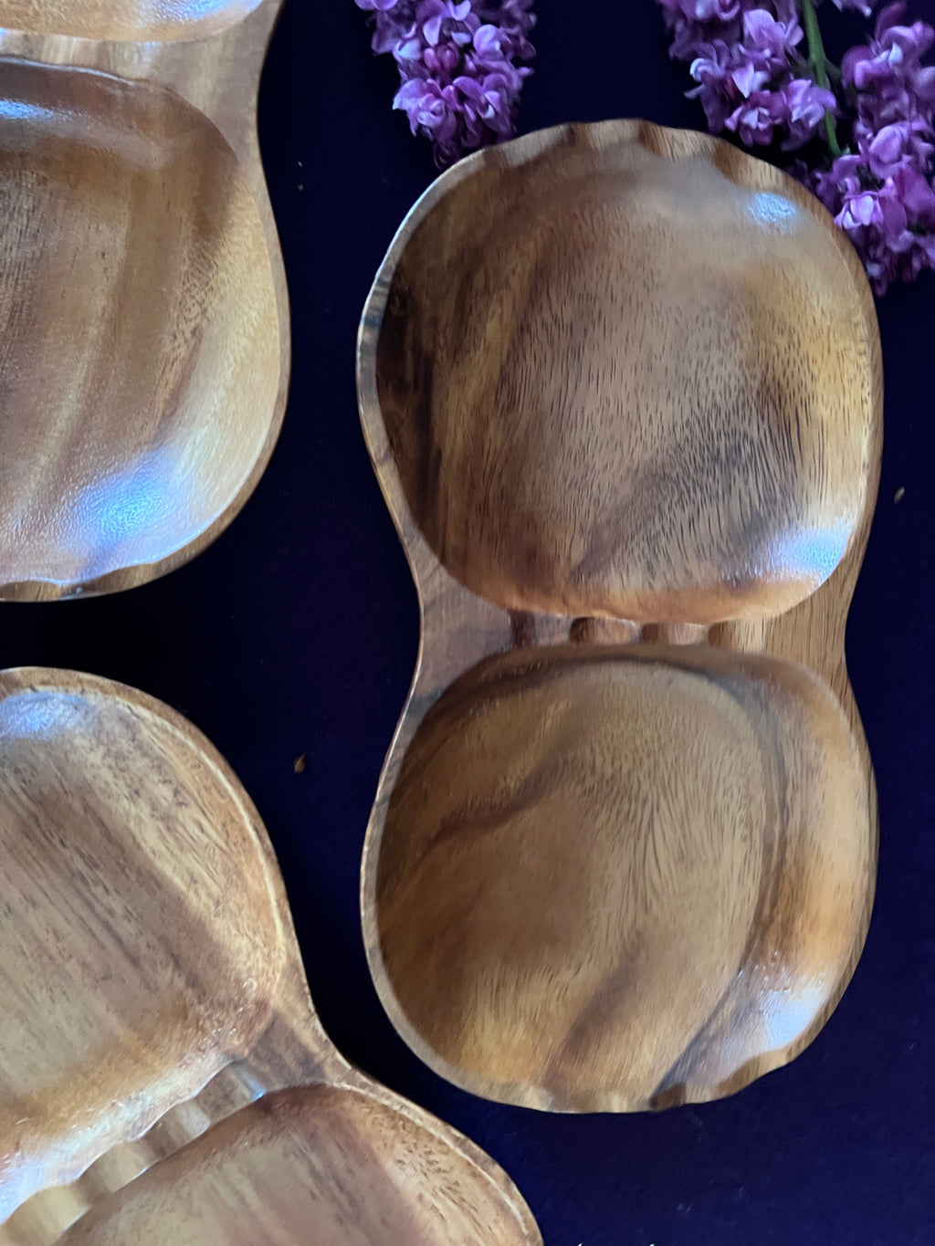Vintage Mid-Century Hand-Carved Monkey Pod Divided Dishes - Set of 3
