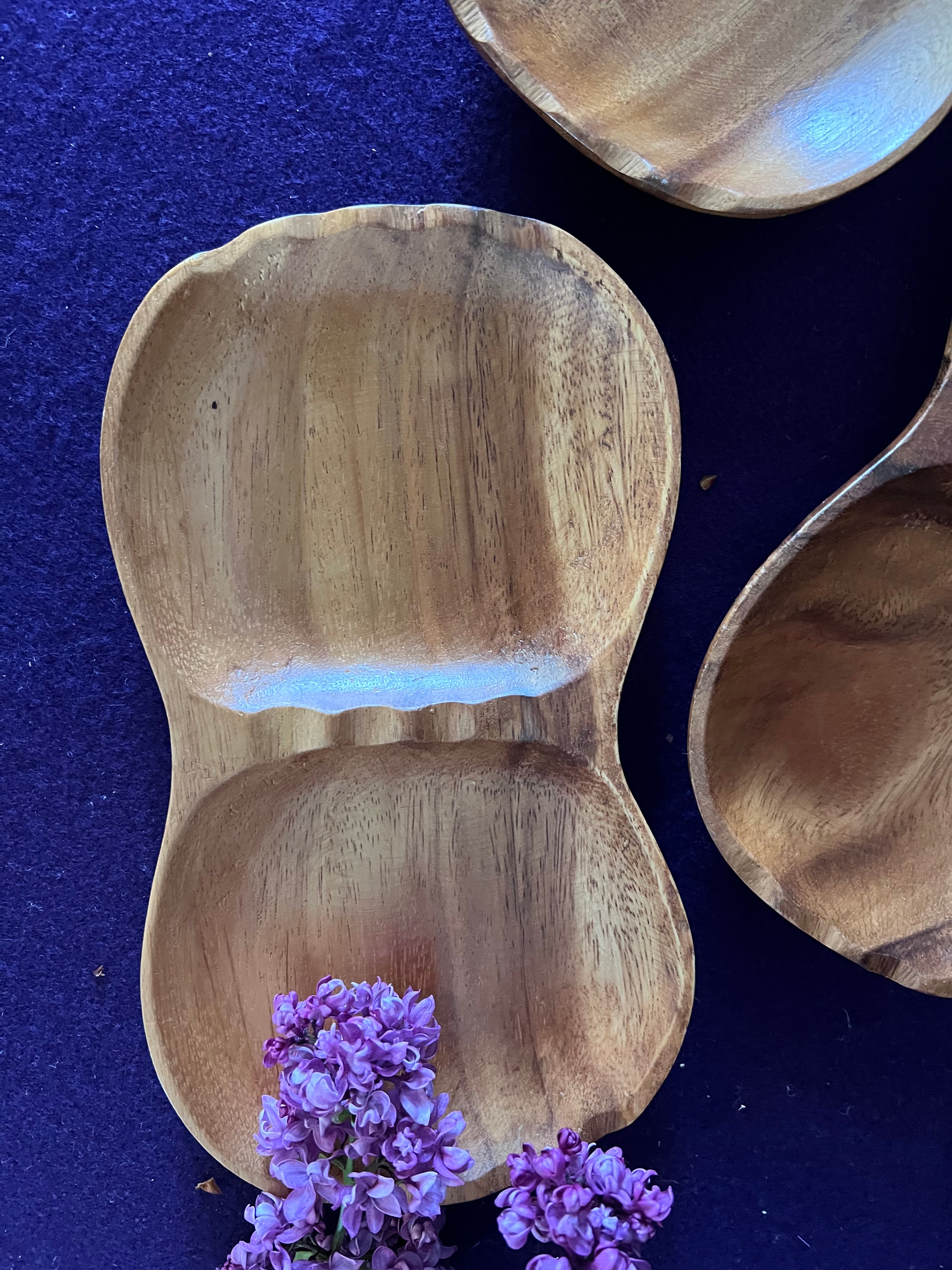 Vintage Mid-Century Hand-Carved Monkey Pod Divided Dishes - Set of 3