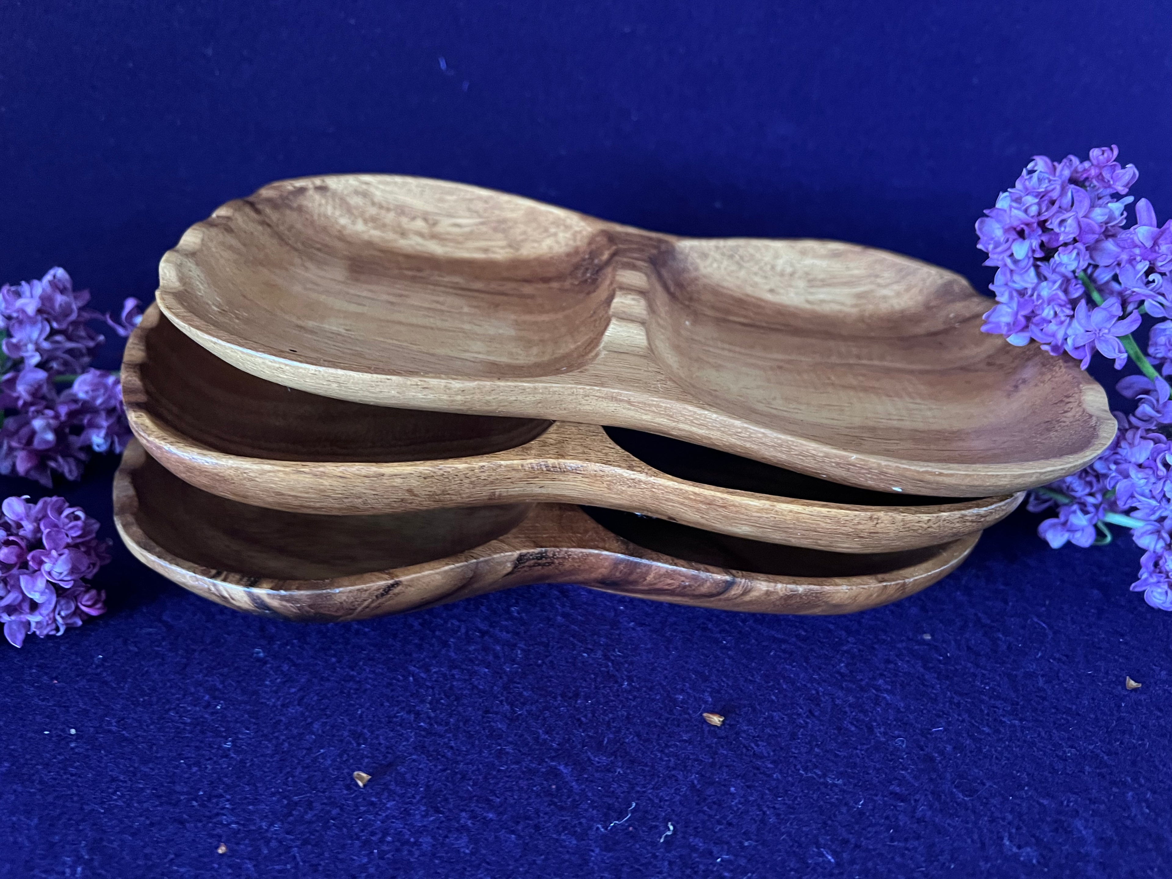 Vintage Mid-Century Hand-Carved Monkey Pod Divided Dishes - Set of 3
