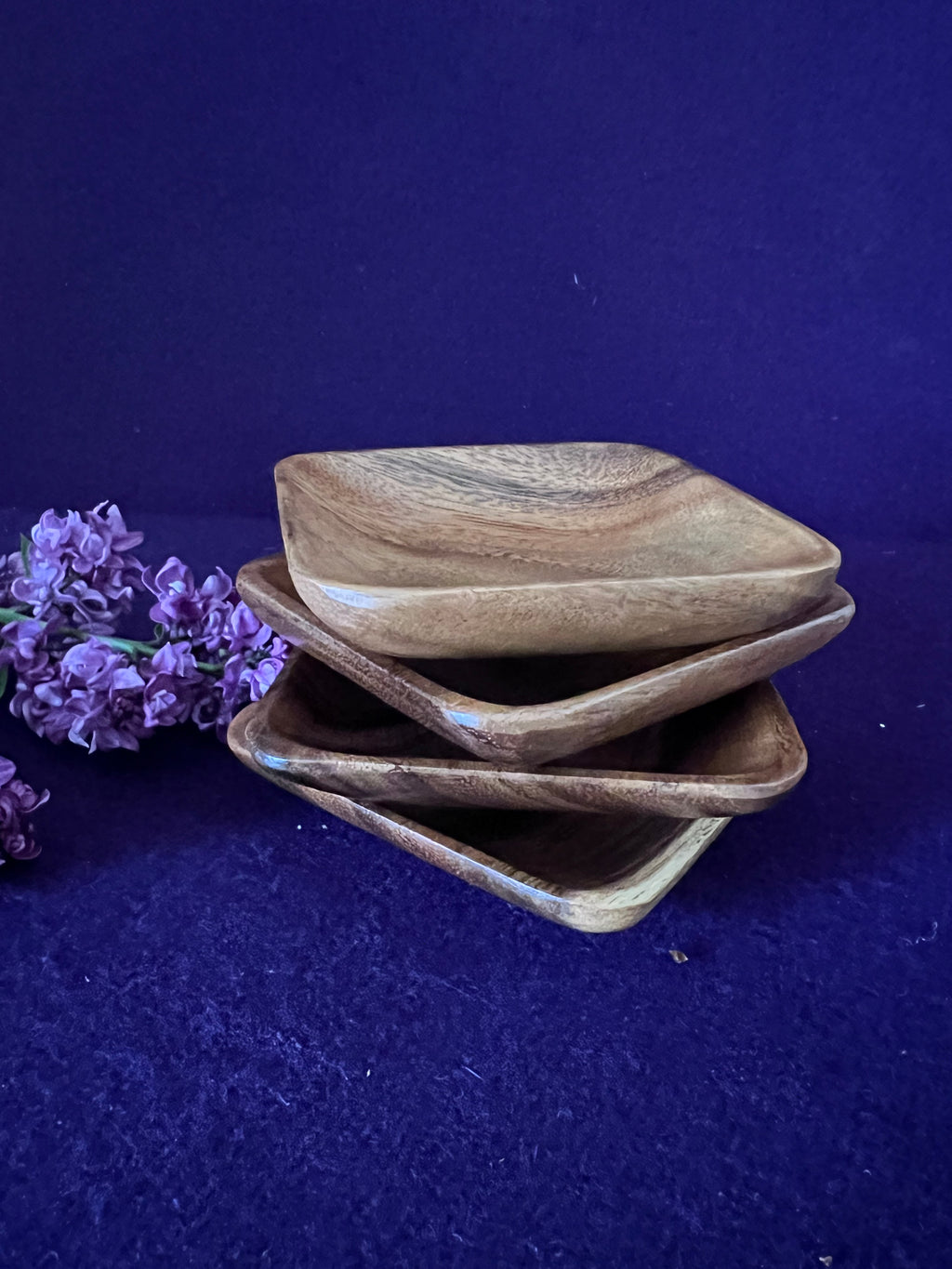 Vintage Mid-Century Square Monkey Pod Wood Bowls – Set of 4