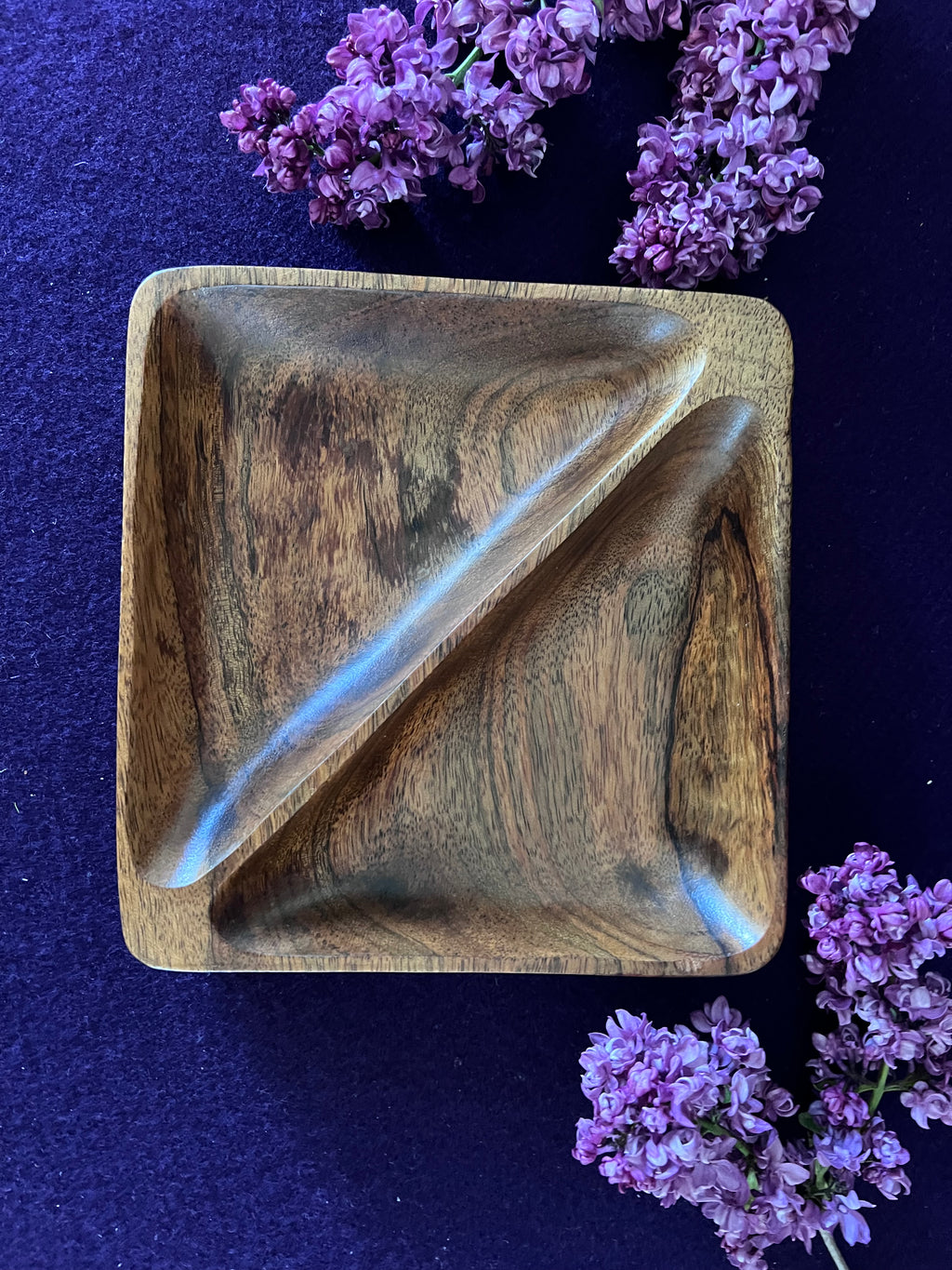 Vintage Hand-Carved Monkey Pod Wood Divided Square Serving Dish