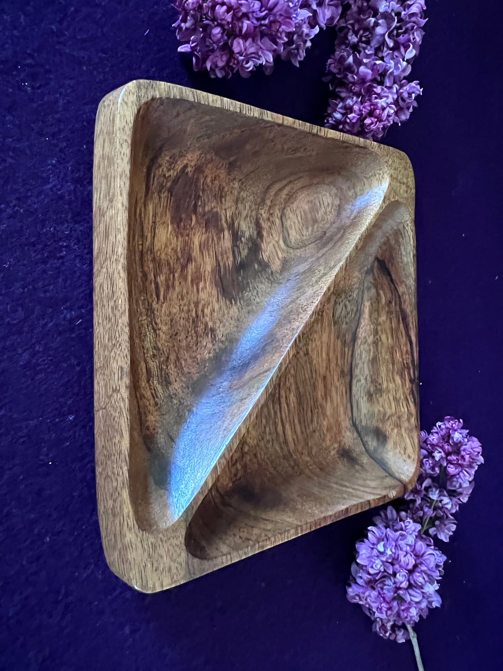 Vintage Hand-Carved Monkey Pod Wood Divided Square Serving Dish