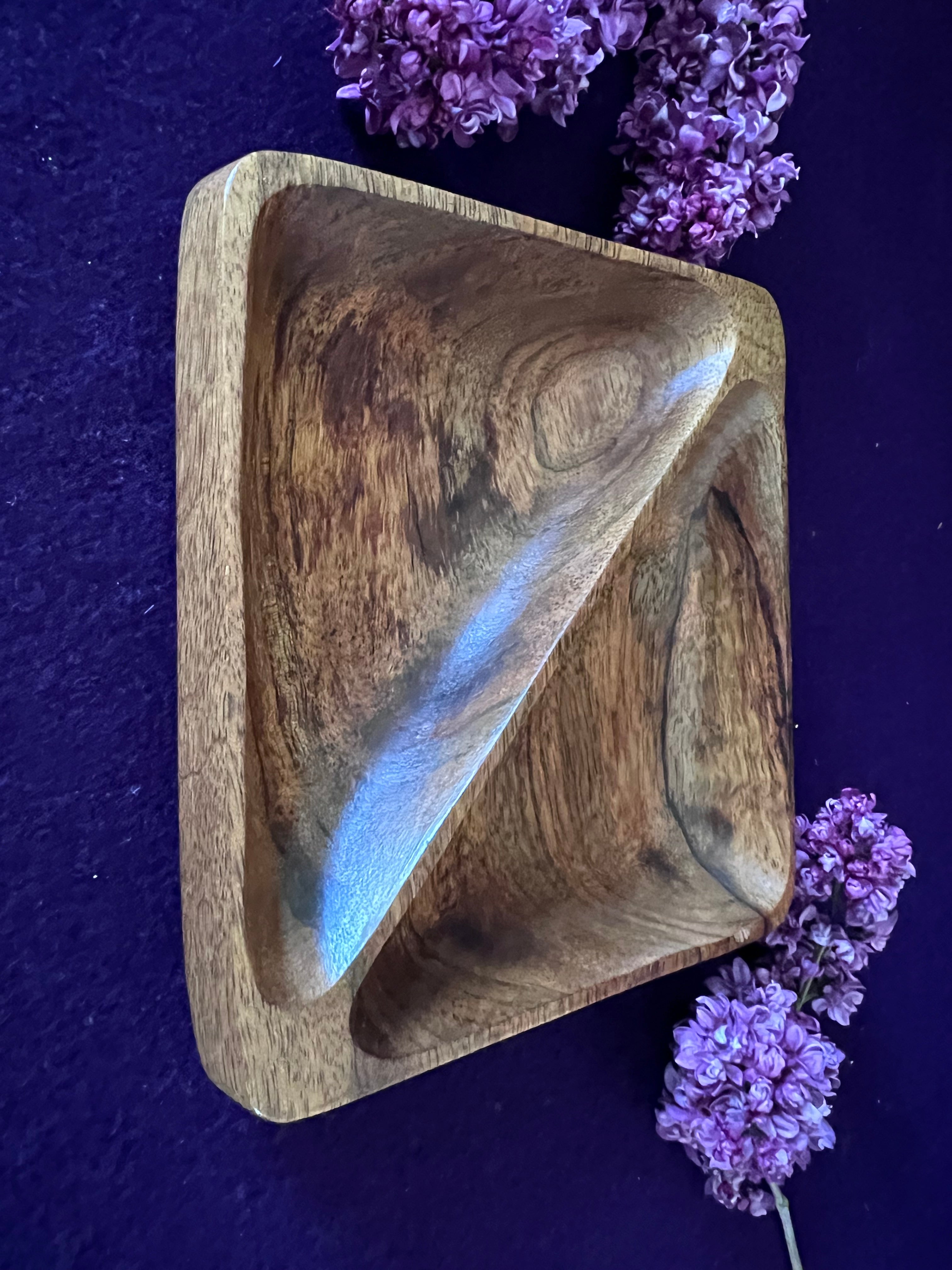 Vintage Hand-Carved Monkey Pod Wood Divided Square Serving Dish