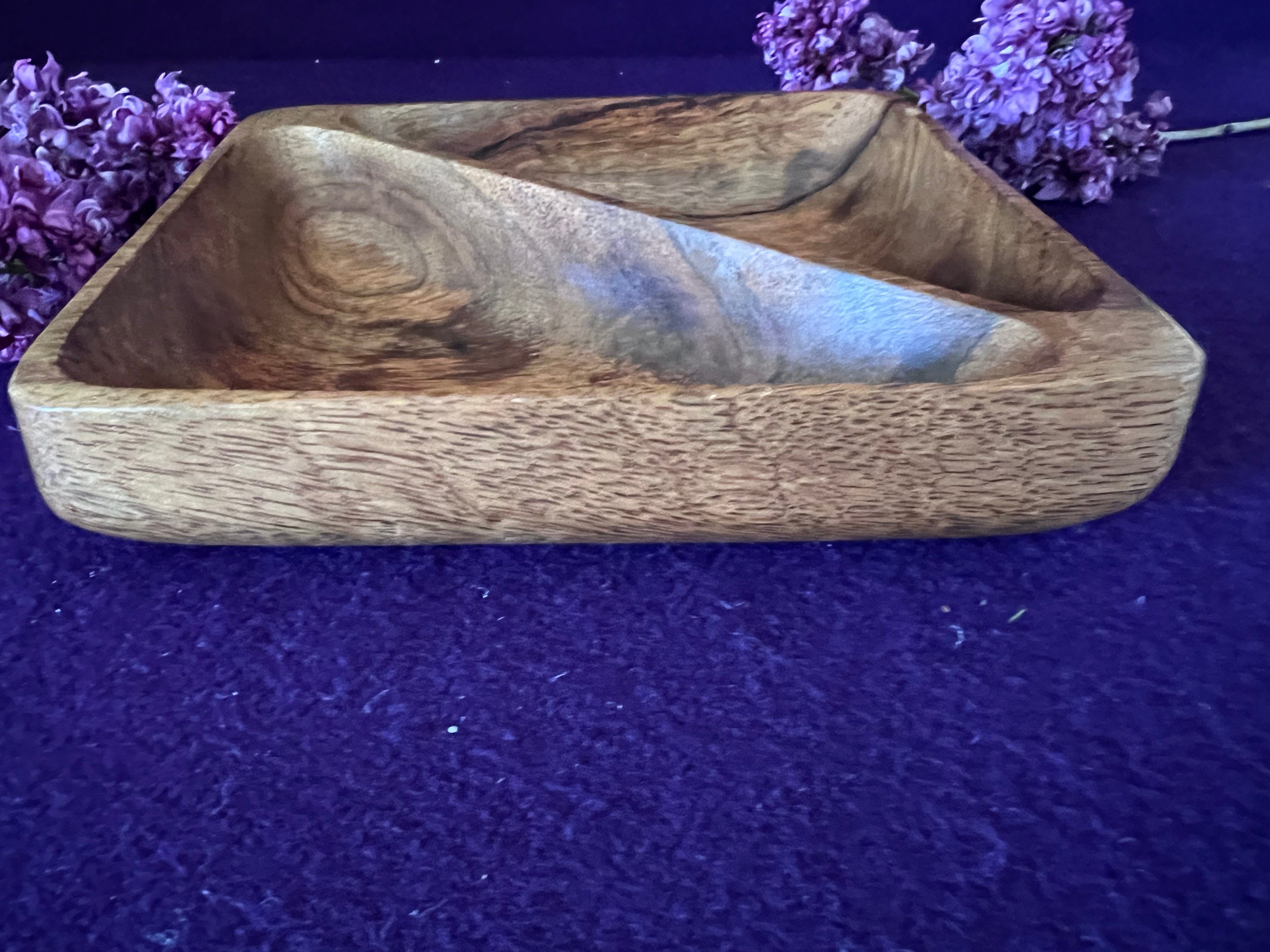 Vintage Hand-Carved Monkey Pod Wood Divided Square Serving Dish