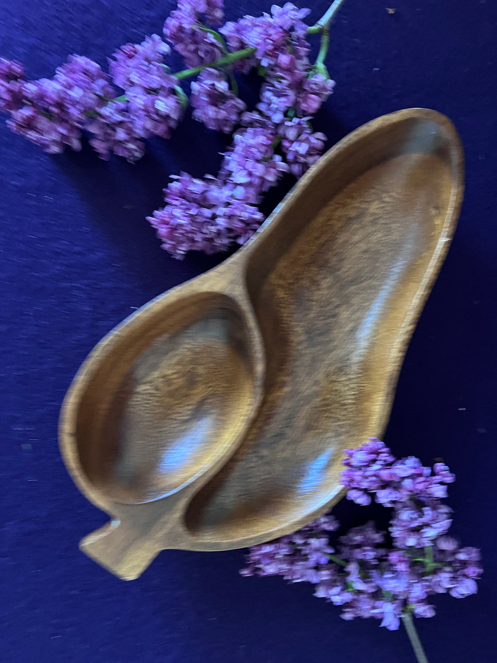 Vintage Carved Monkey Pod Wood Divided Leaf Dish